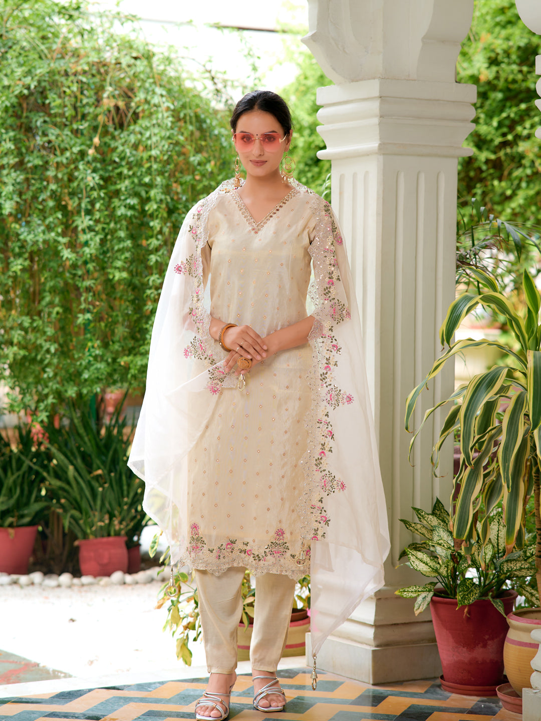 Mirror Embroidered Silk Kurta with pant & Embroidered Organza Dupatta