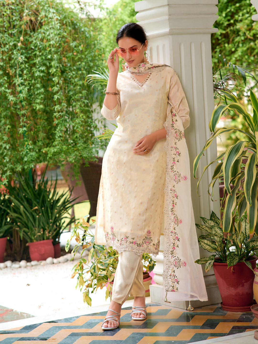 Mirror Embroidered Silk Kurta with pant & Embroidered Organza Dupatta