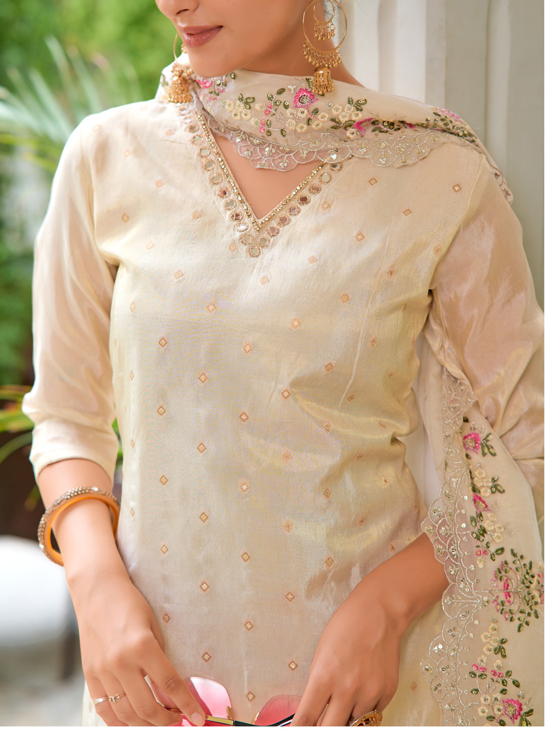 Mirror Embroidered Silk Kurta with pant & Embroidered Organza Dupatta