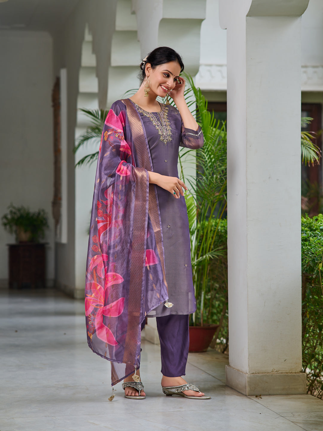 Hand Embroidered Silk Kurta with Embroidered Pant & Printed Organza dupatta