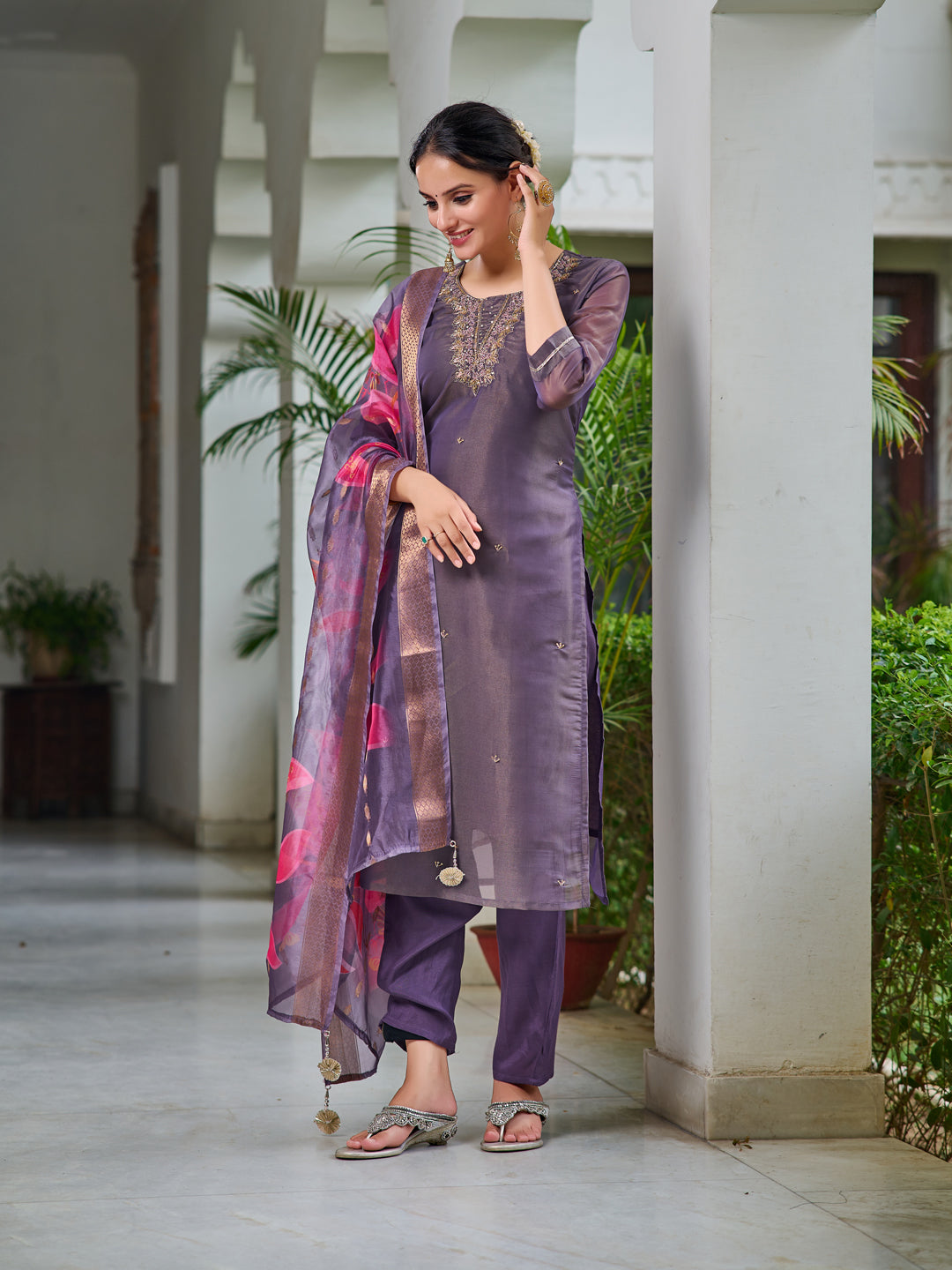 Hand Embroidered Silk Kurta with Embroidered Pant & Printed Organza dupatta