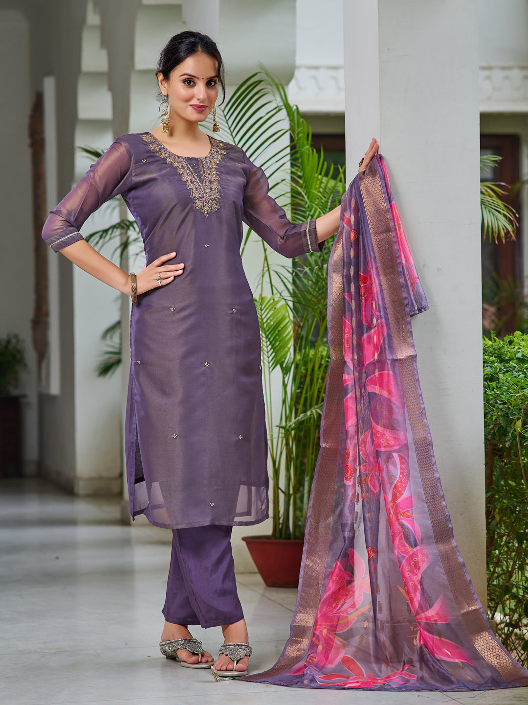 Hand Embroidered Silk Kurta with Embroidered Pant & Printed Organza dupatta