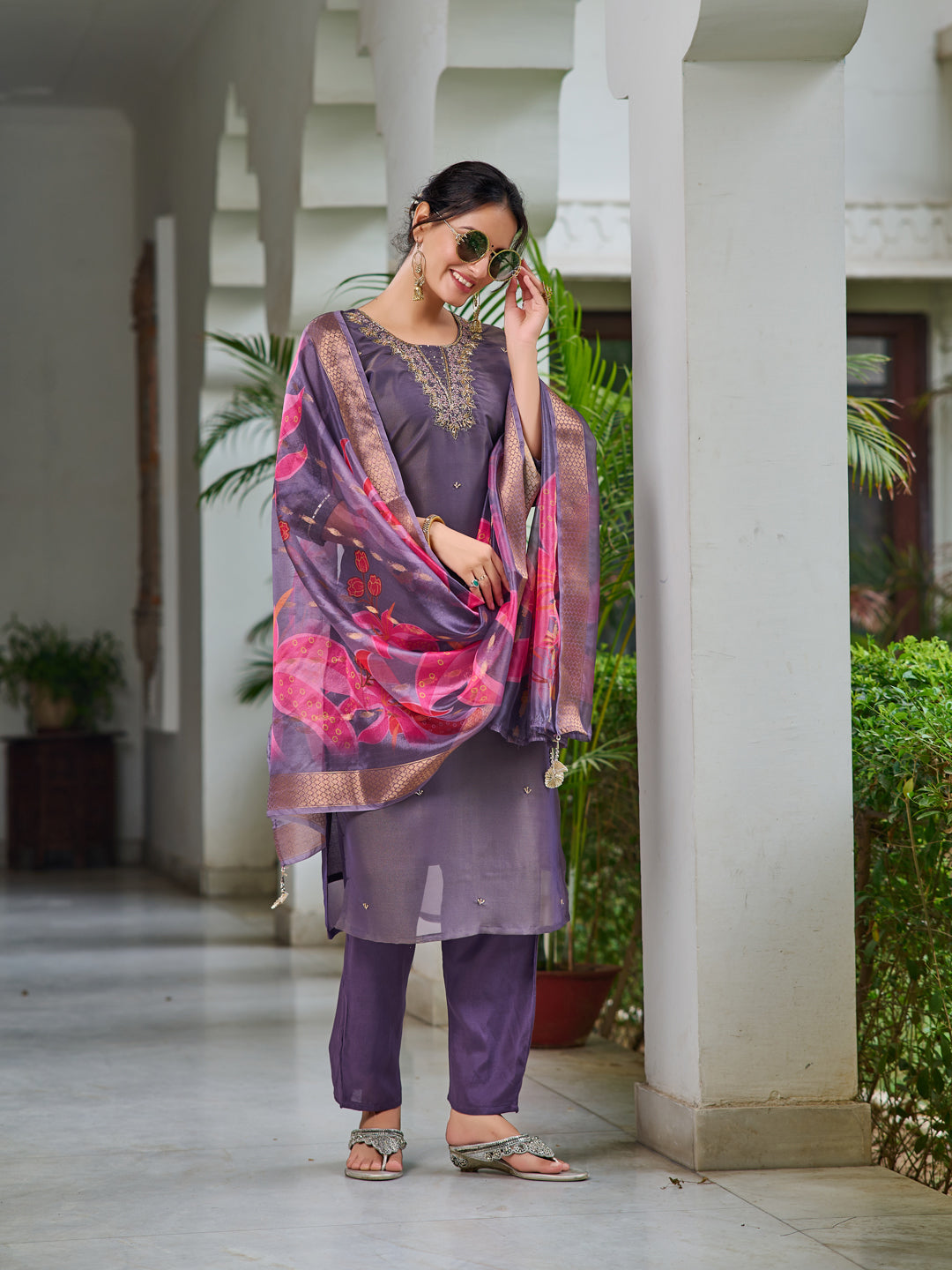 Hand Embroidered Silk Kurta with Embroidered Pant & Printed Organza dupatta