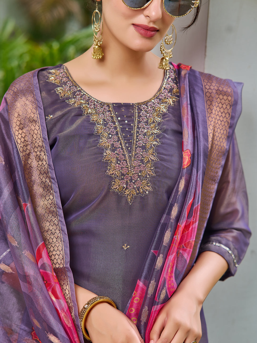 Hand Embroidered Silk Kurta with Embroidered Pant & Printed Organza dupatta