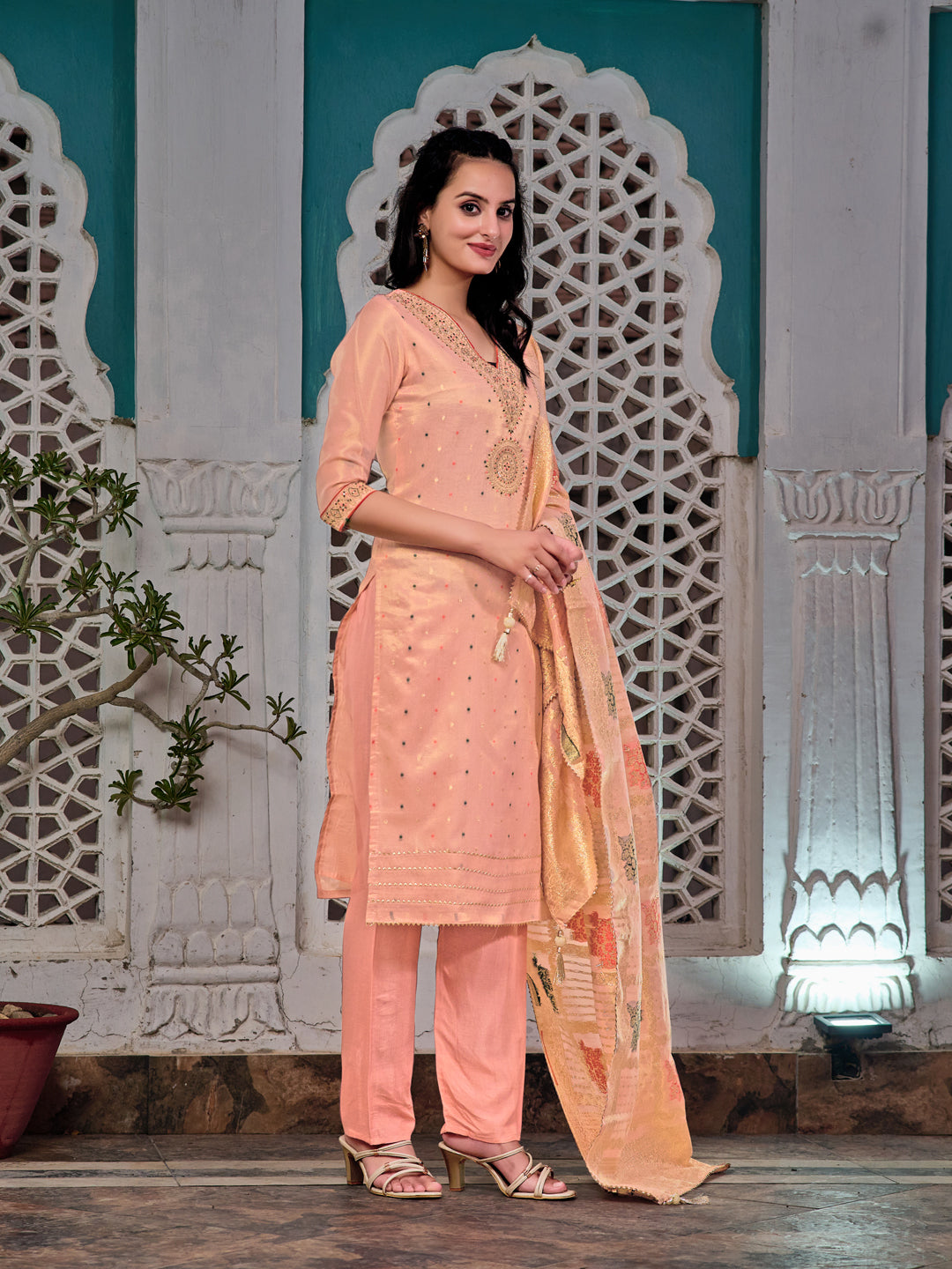 Embroidered Jacquard Silk Kurta with Pant & Jacquard Banarasi Dupatta