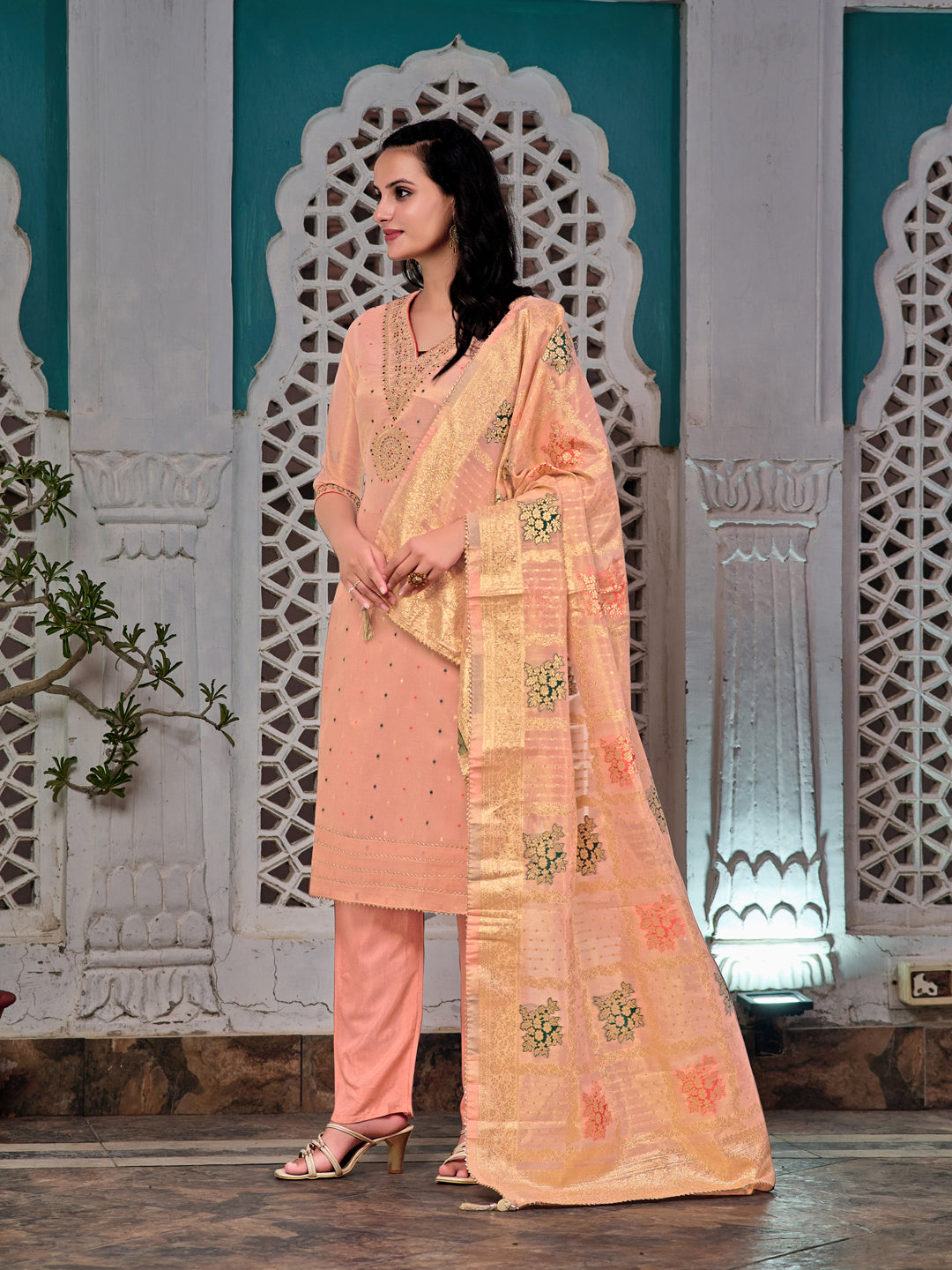 Embroidered Jacquard Silk Kurta with Pant & Jacquard Banarasi Dupatta