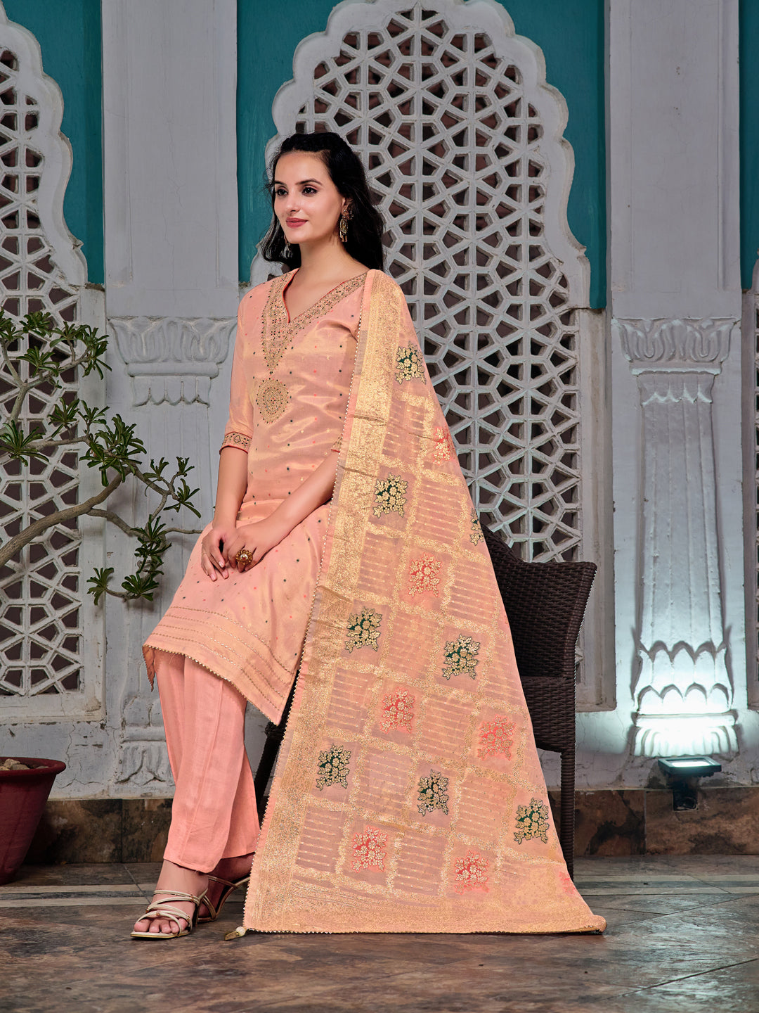 Embroidered Jacquard Silk Kurta with Pant & Jacquard Banarasi Dupatta