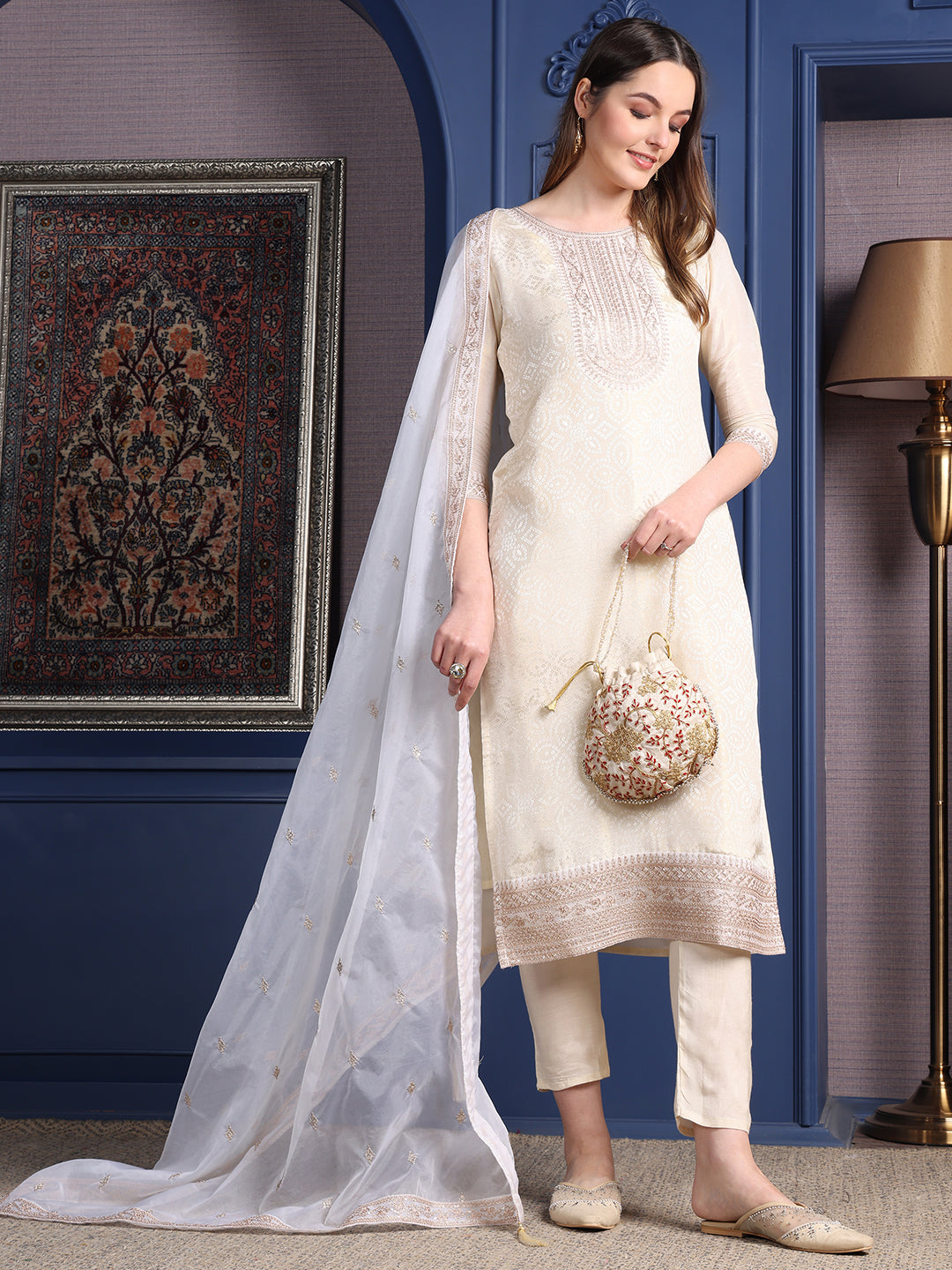 Embroidered Banarasi jacquard Kurta with pant & Embroidered Dupatta