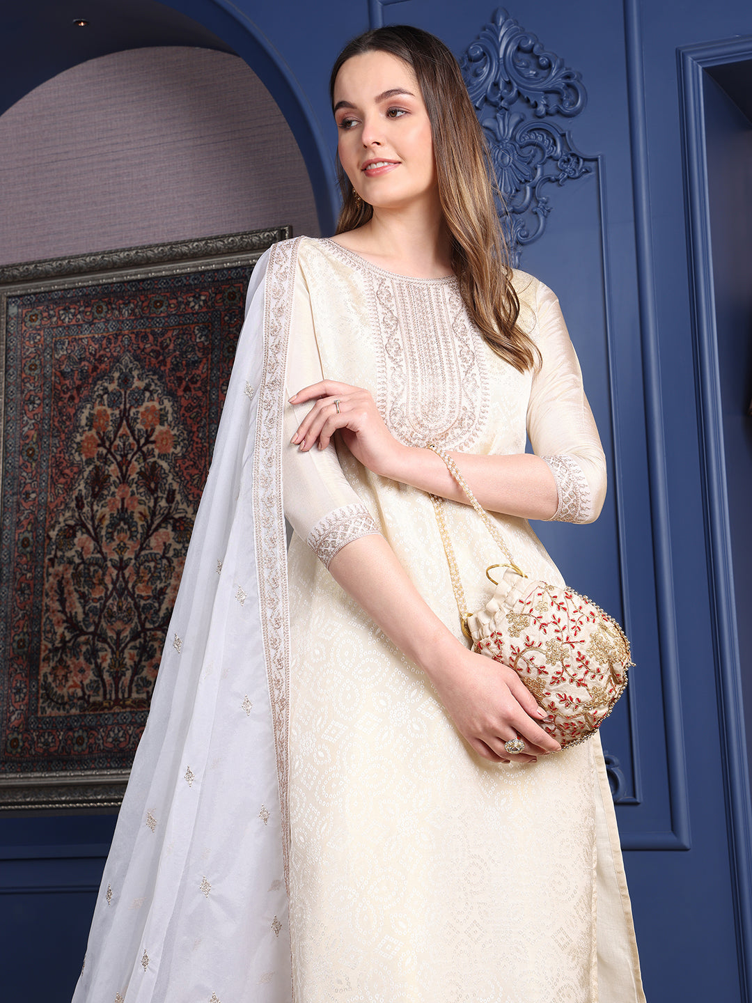 Embroidered Banarasi jacquard Kurta with pant & Embroidered Dupatta