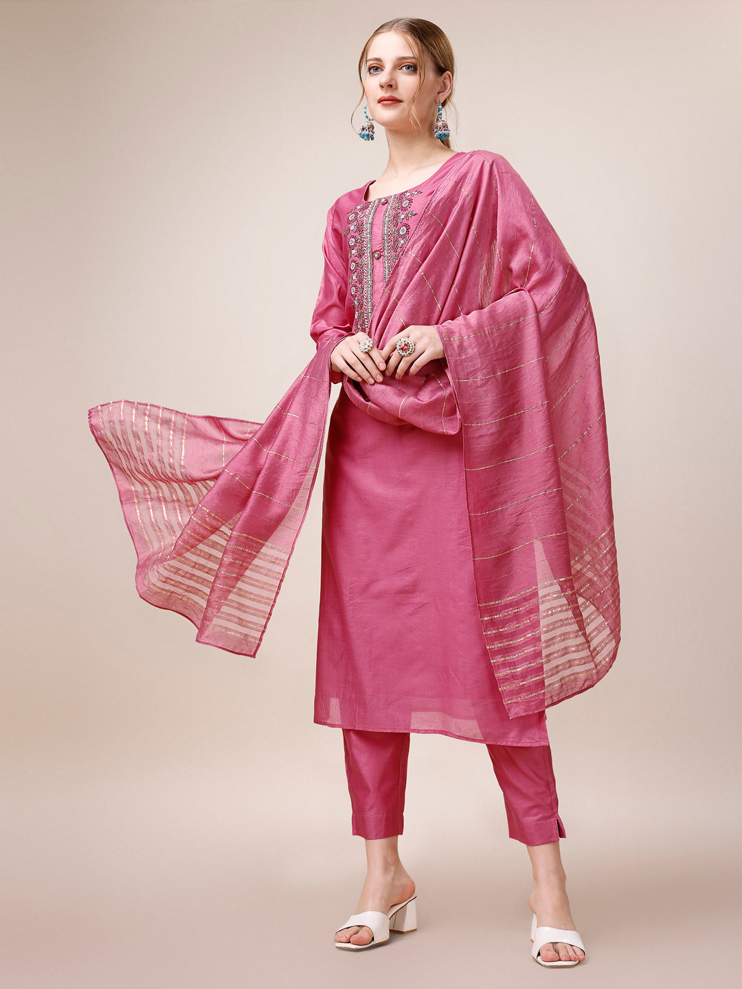 Embroidered Kurta with Pant and Dupatta Set