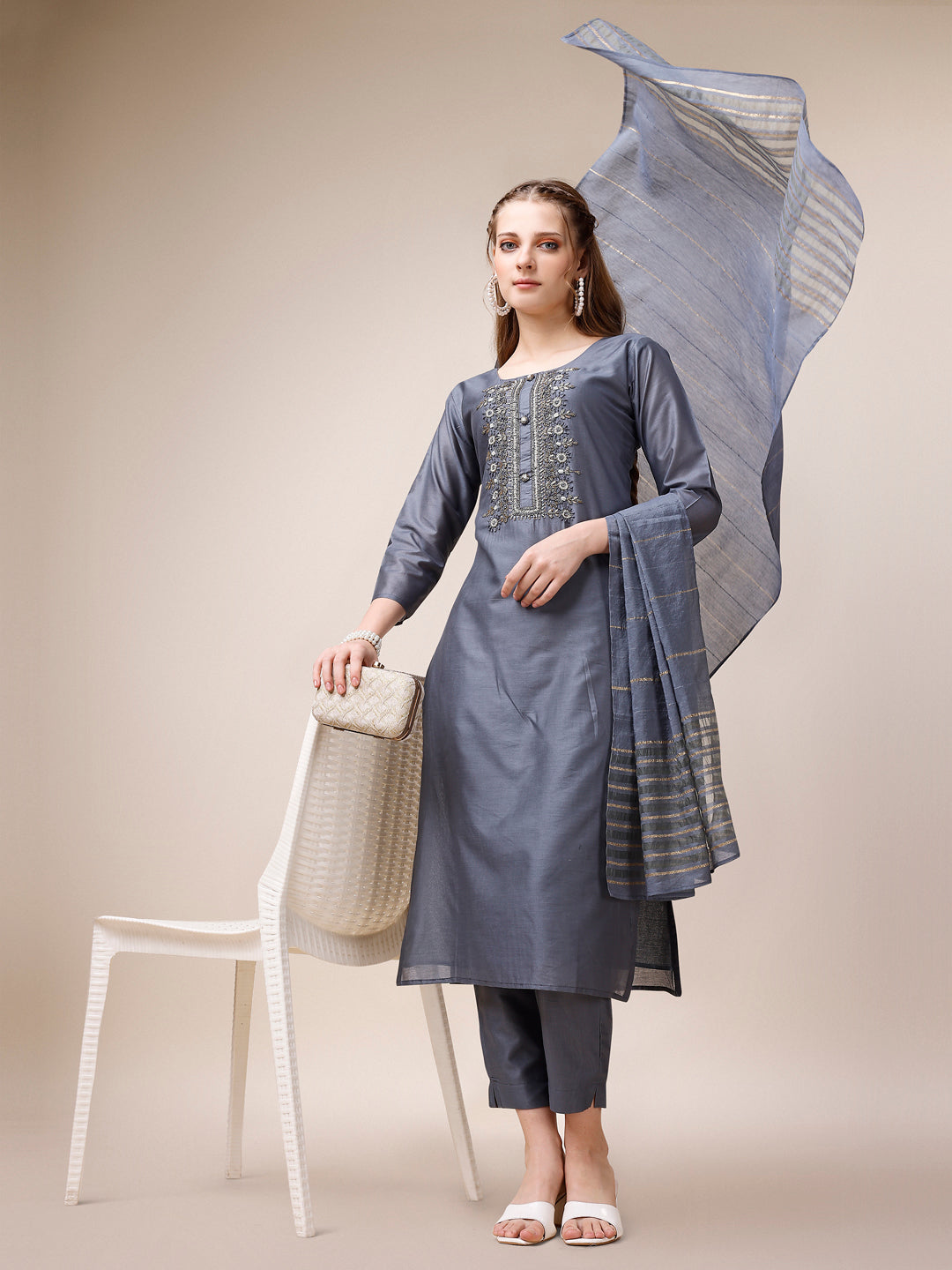 Embroidered Kurta with Pant and Dupatta Set