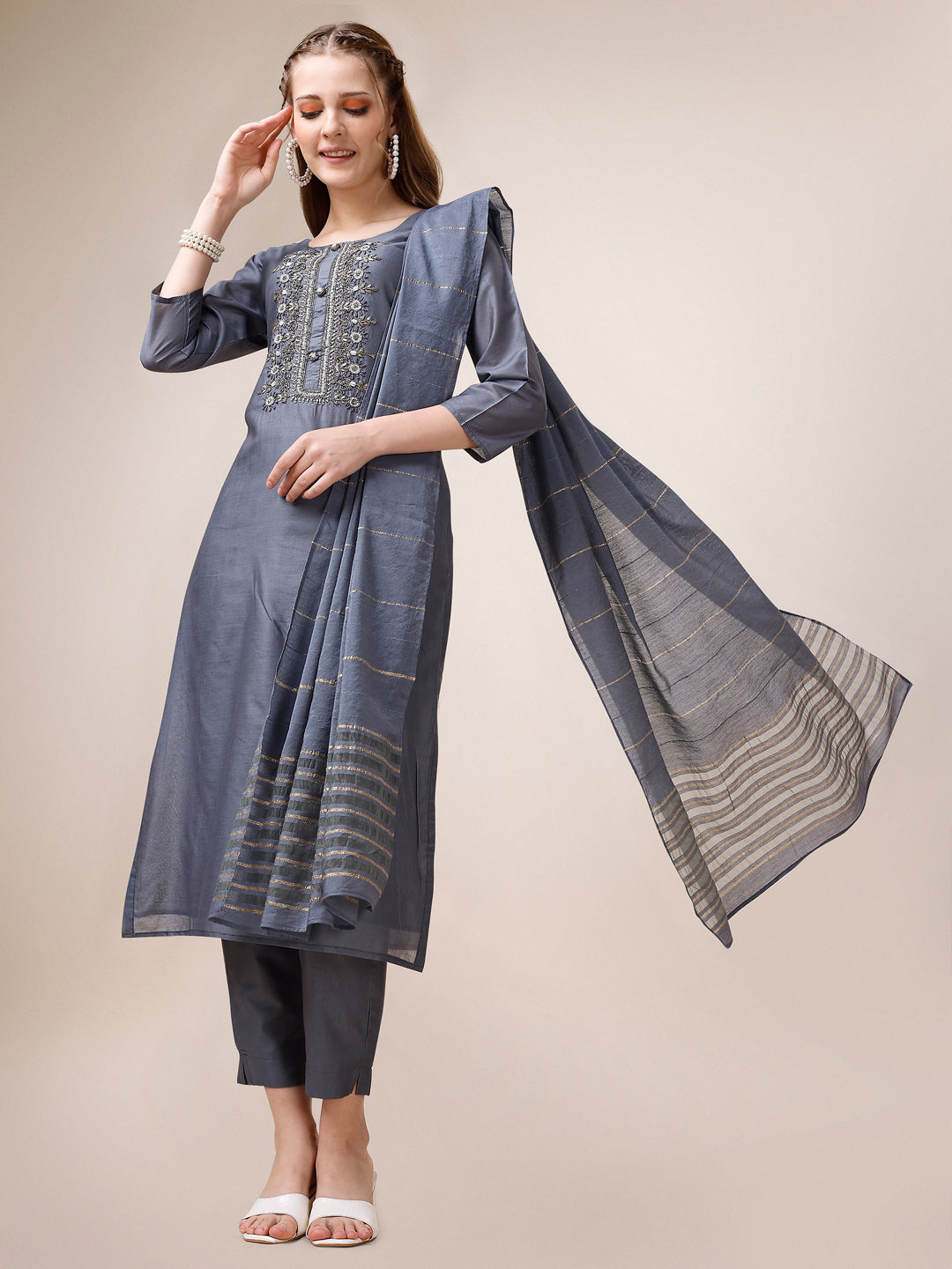 Embroidered Kurta with Pant and Dupatta Set