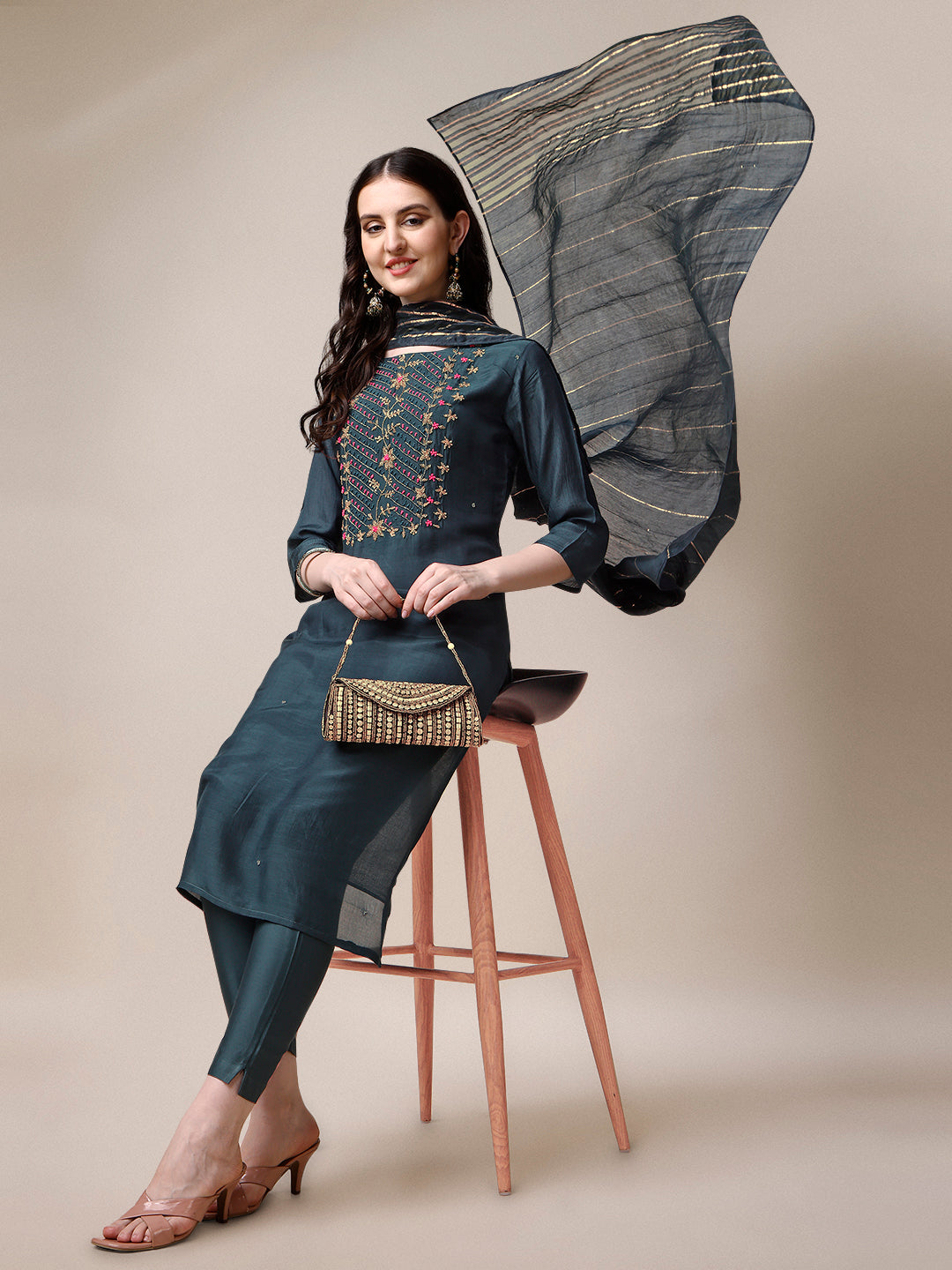 Embroidered Kurta with Pant & Dupatta Set