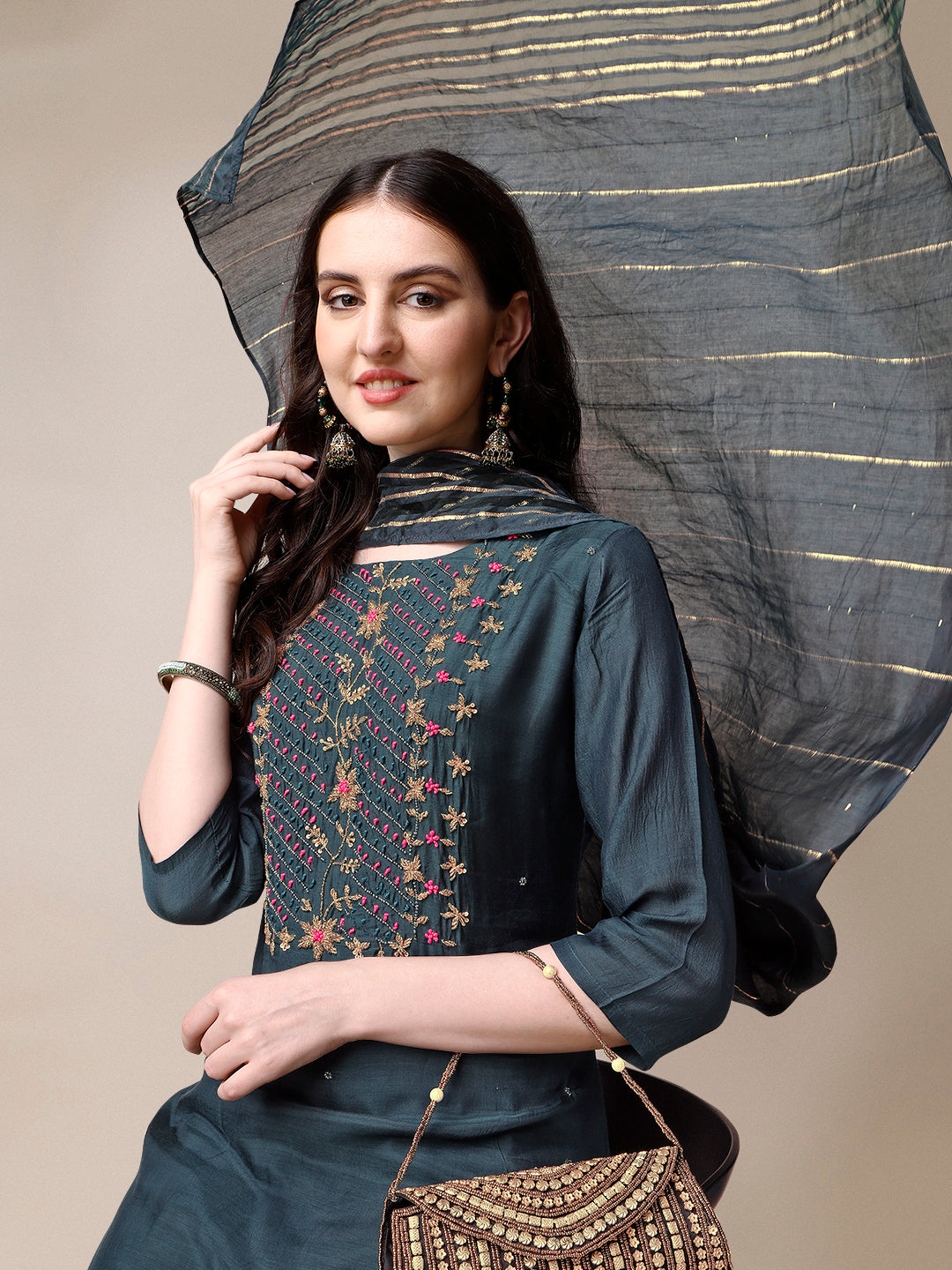 Embroidered Kurta with Pant & Dupatta Set