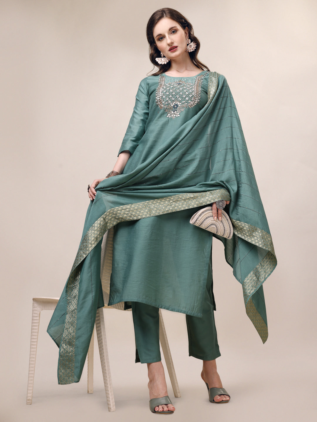 Hand Embroidered Hand Work Kurta with Pant & Dupatta Set