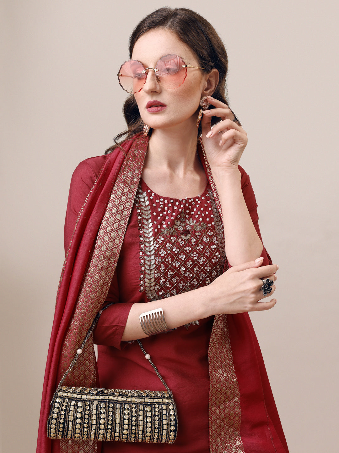 Hand Embroidered Kurta with Pant & Dupatta Set