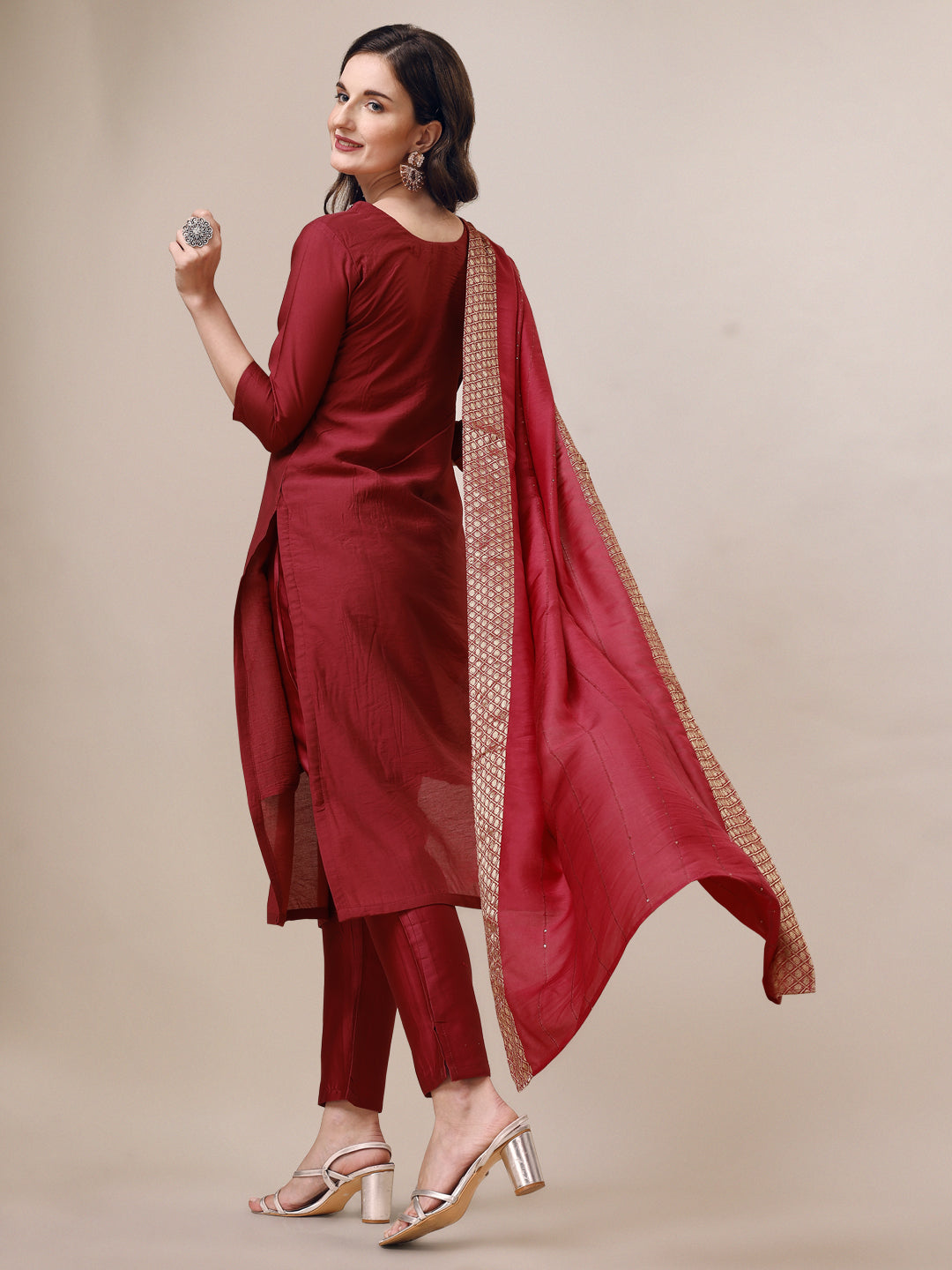 Hand Embroidered Kurta with Pant & Dupatta Set