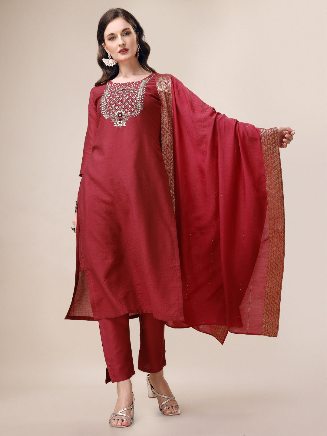 Hand Embroidered Kurta with Pant & Dupatta Set