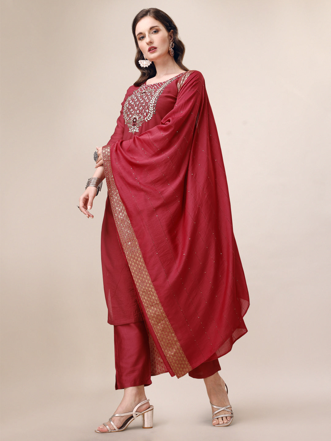 Hand Embroidered Kurta with Pant & Dupatta Set