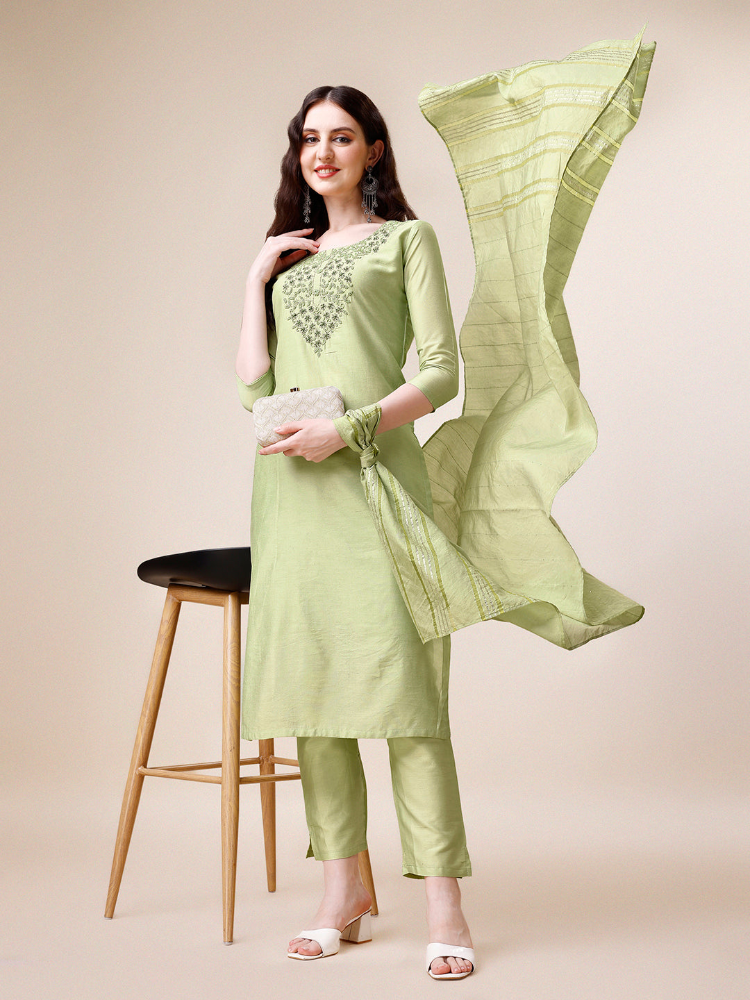 Embroidered Kurta With Pant and Dupatta Set