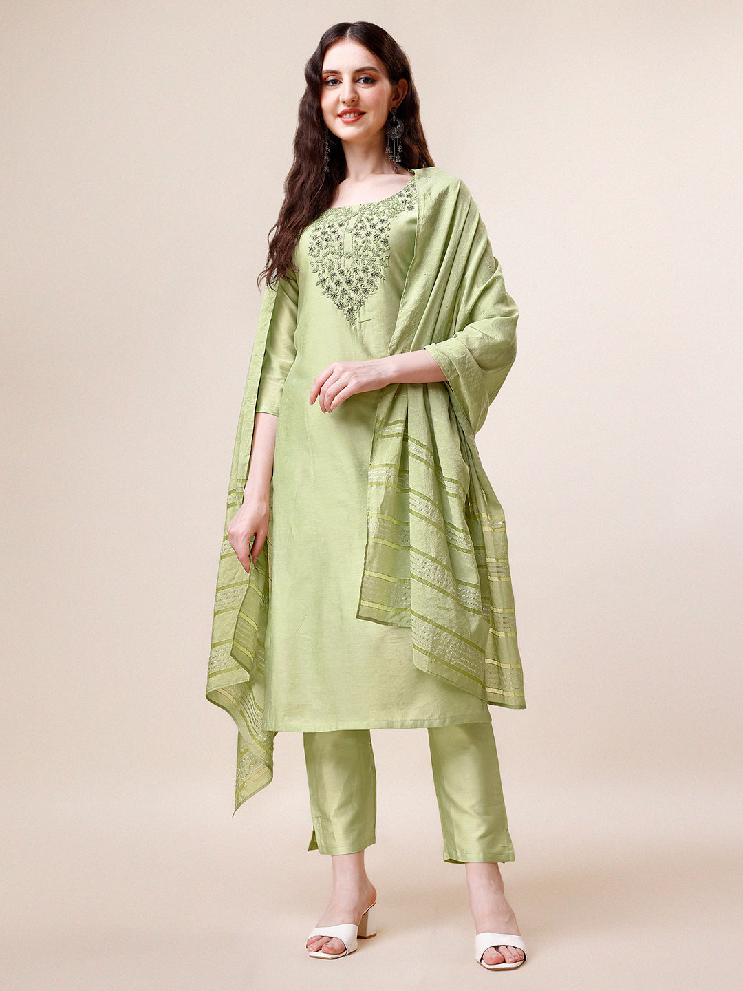 Embroidered Kurta With Pant and Dupatta Set