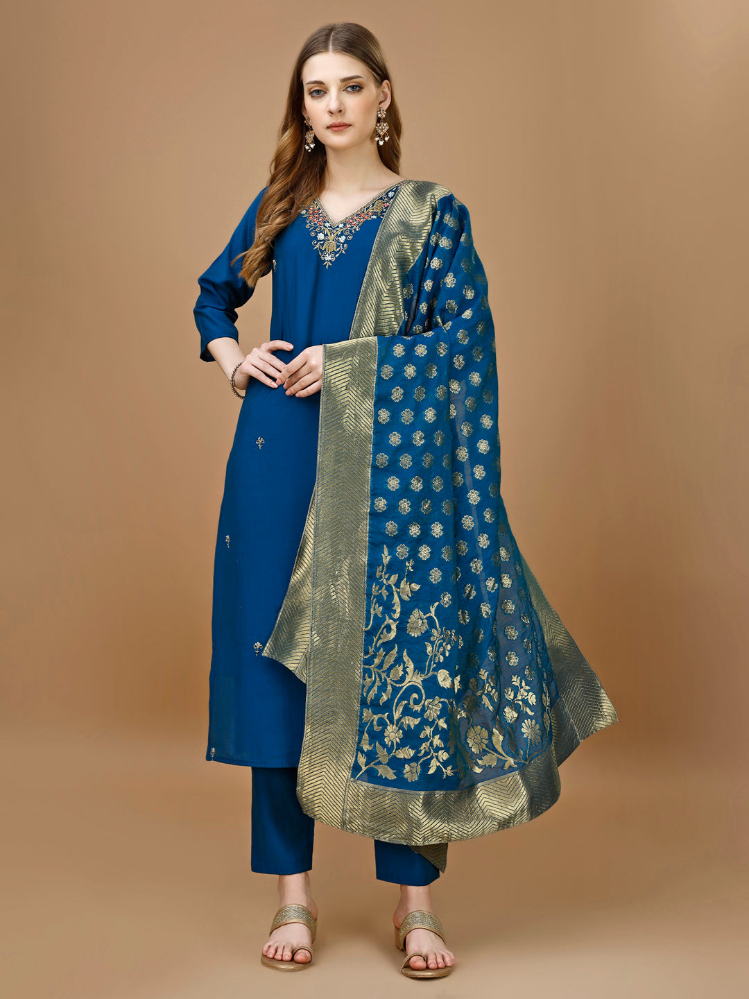 Hand Embroidered Kurta with pant & Banarasi Dupatta Premium