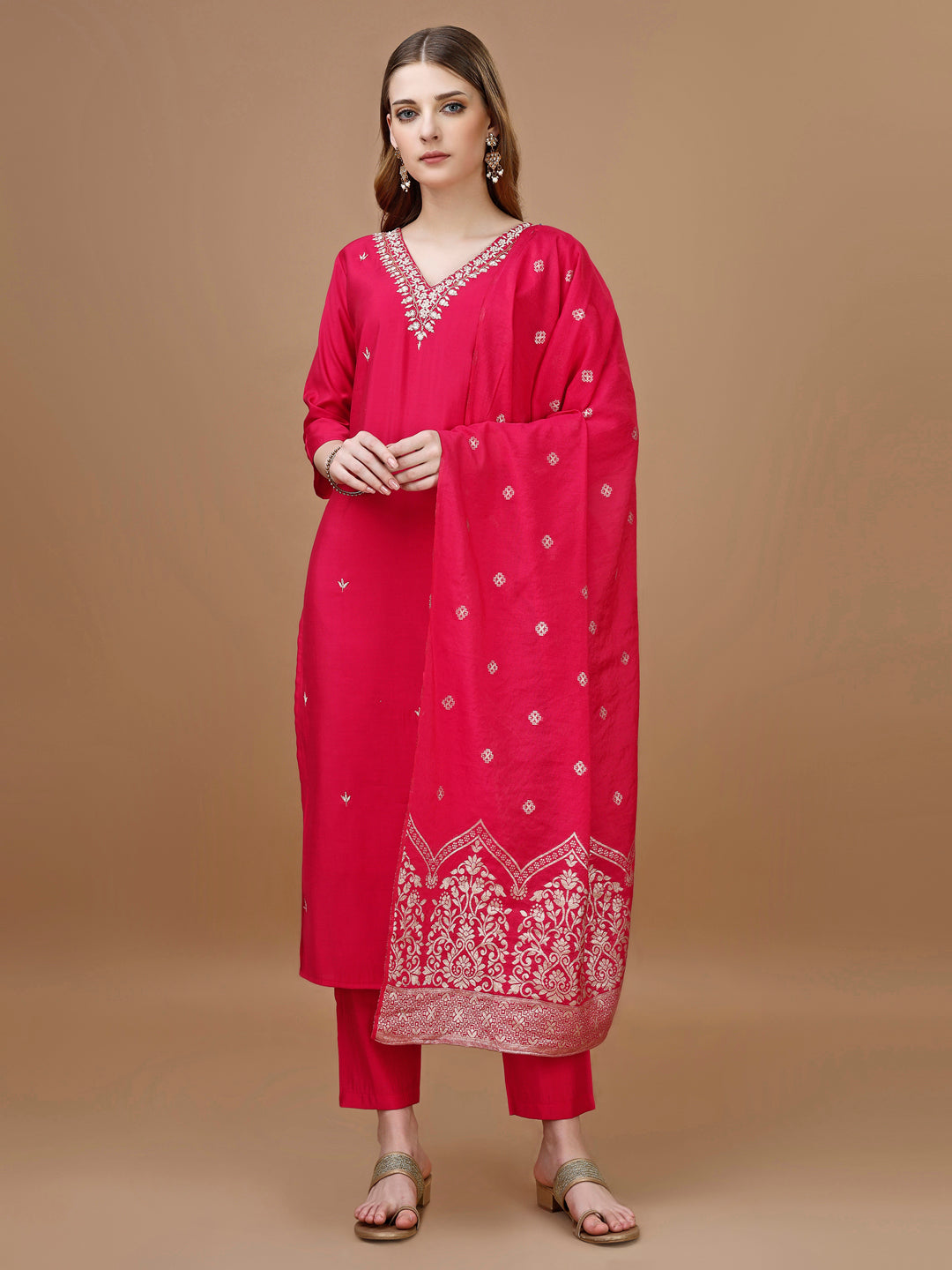 Hand Embroidered Kurta with pant & Banarasi Dupatta premium