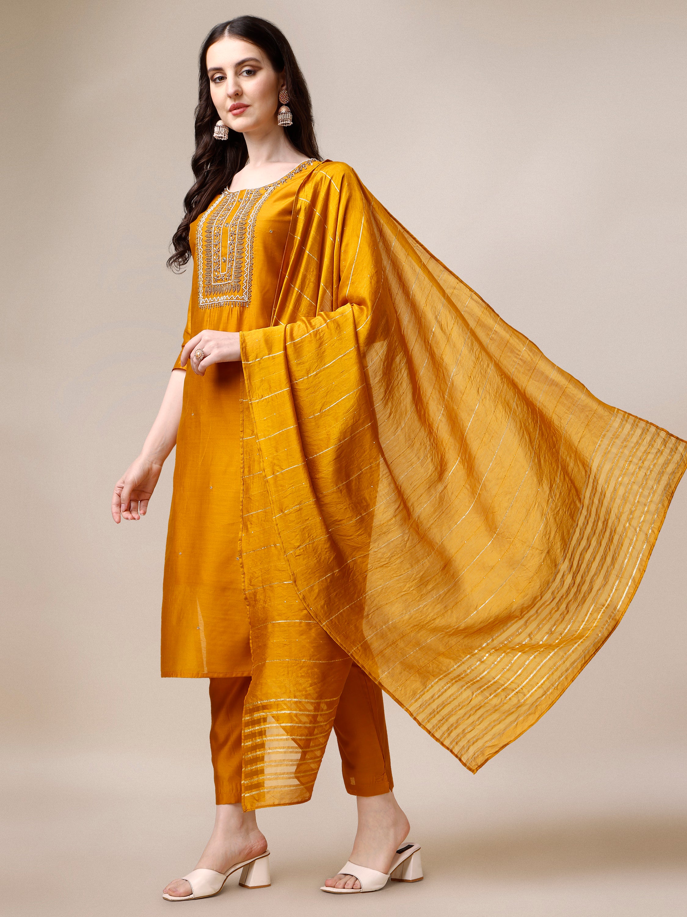 Hand Embroidered Kurta with Pant and Dupatta Set