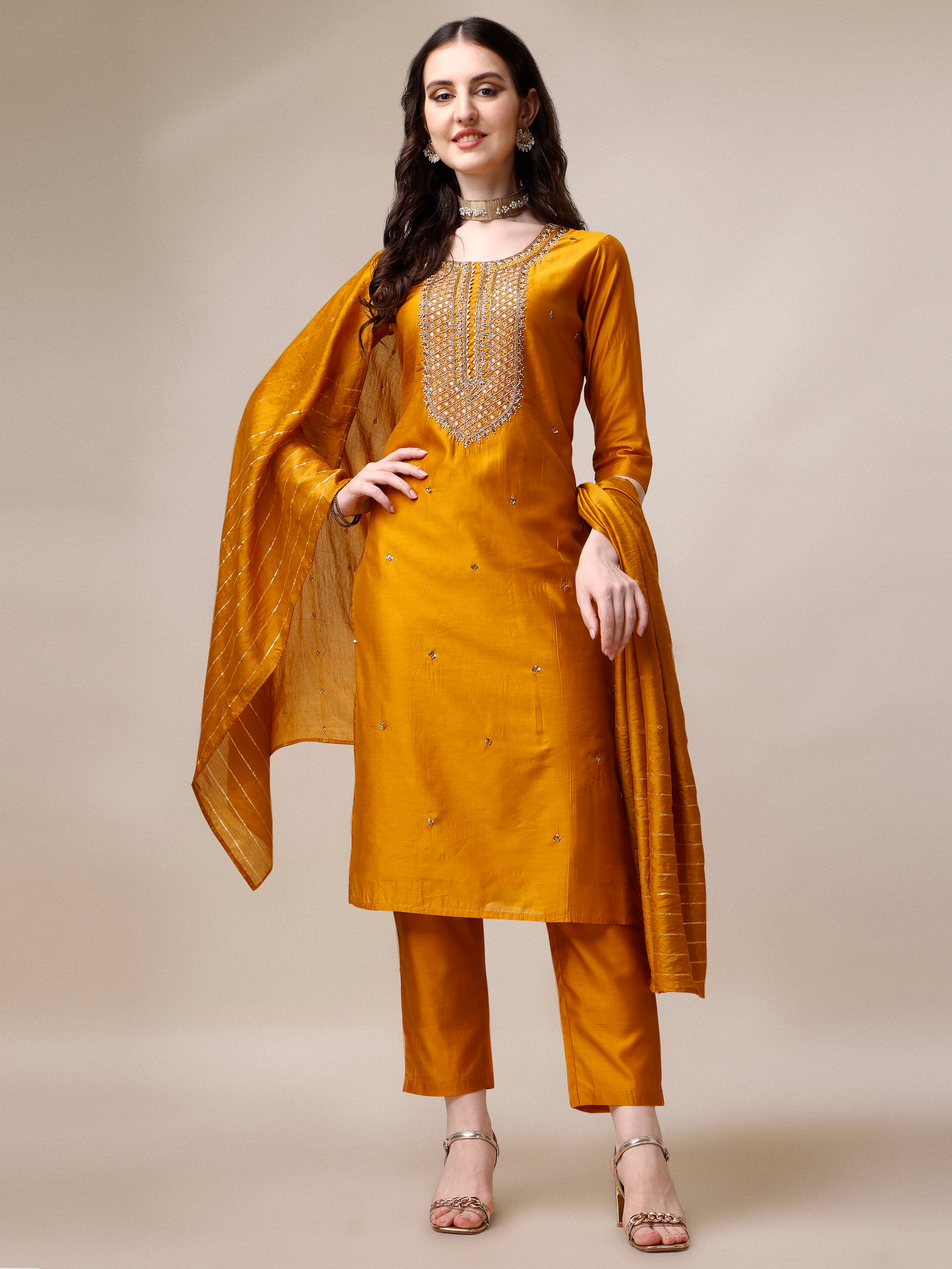 Hand Embroidered Kurta with Pant and Dupatta Set