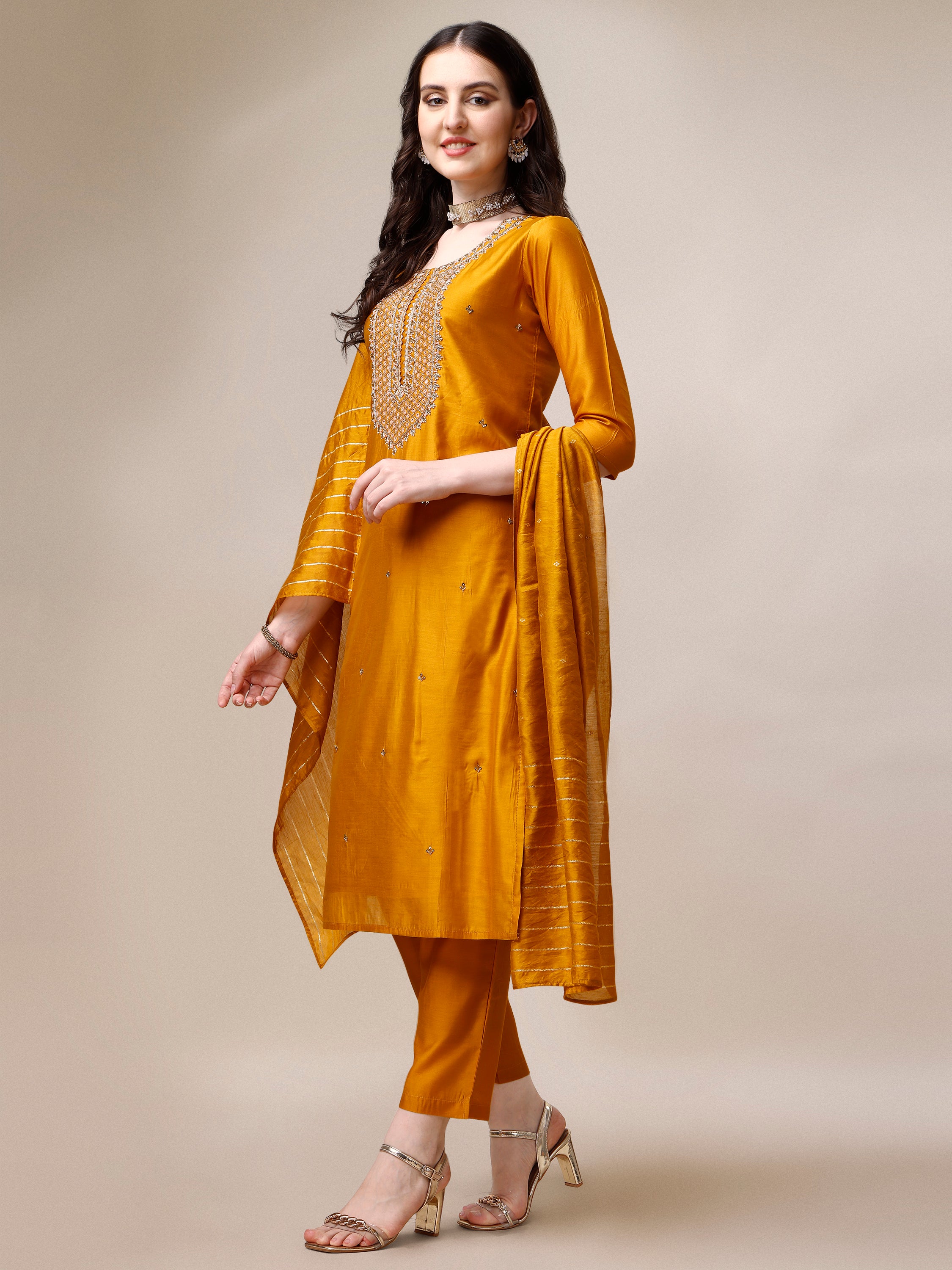 Hand Embroidered Kurta with Pant and Dupatta Set