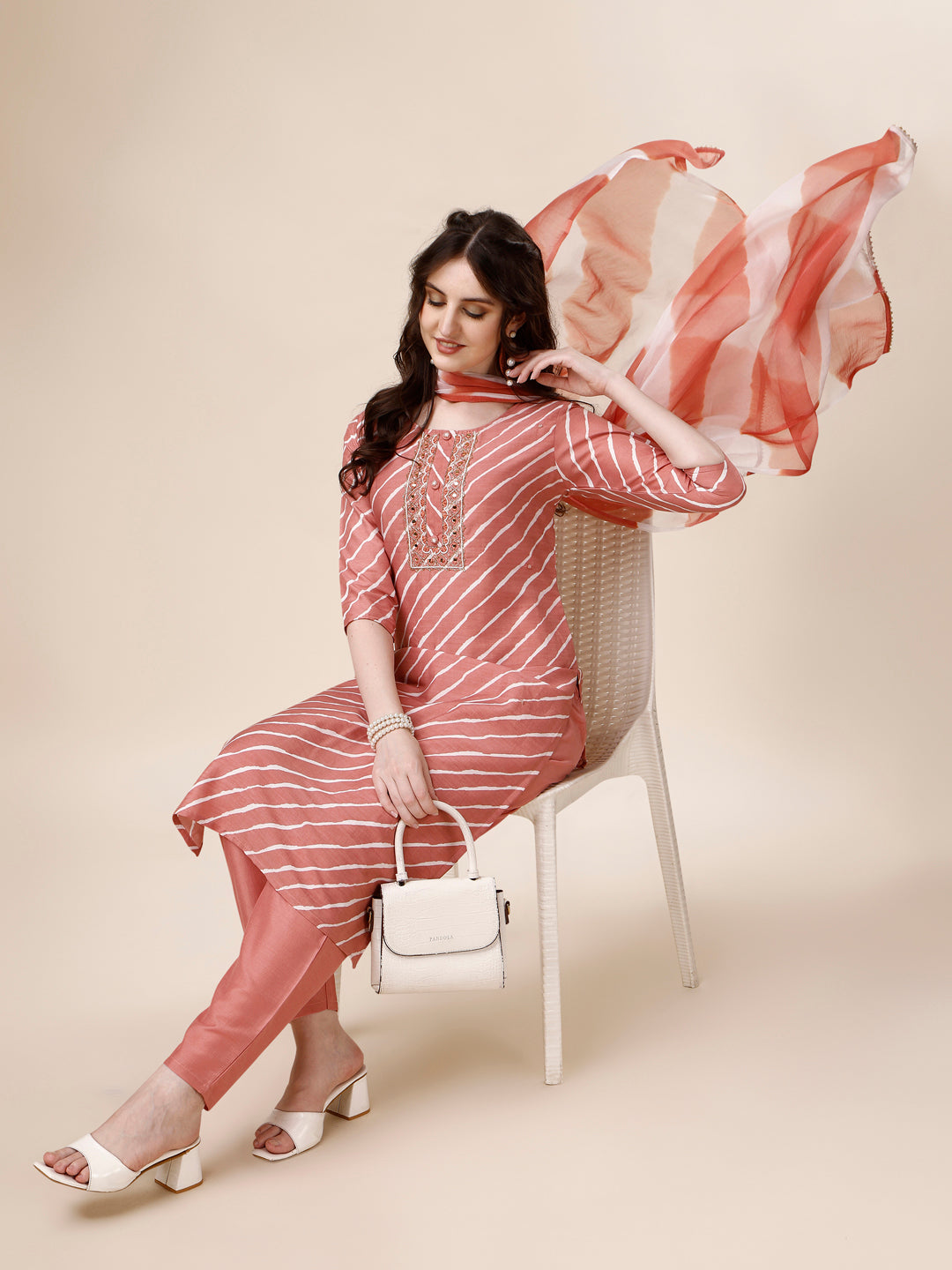 Embroidered & Leheriya Kurta with Pant and Dupatta Set