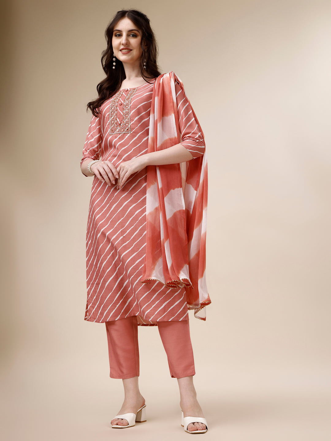 Embroidered & Leheriya Kurta with Pant and Dupatta Set