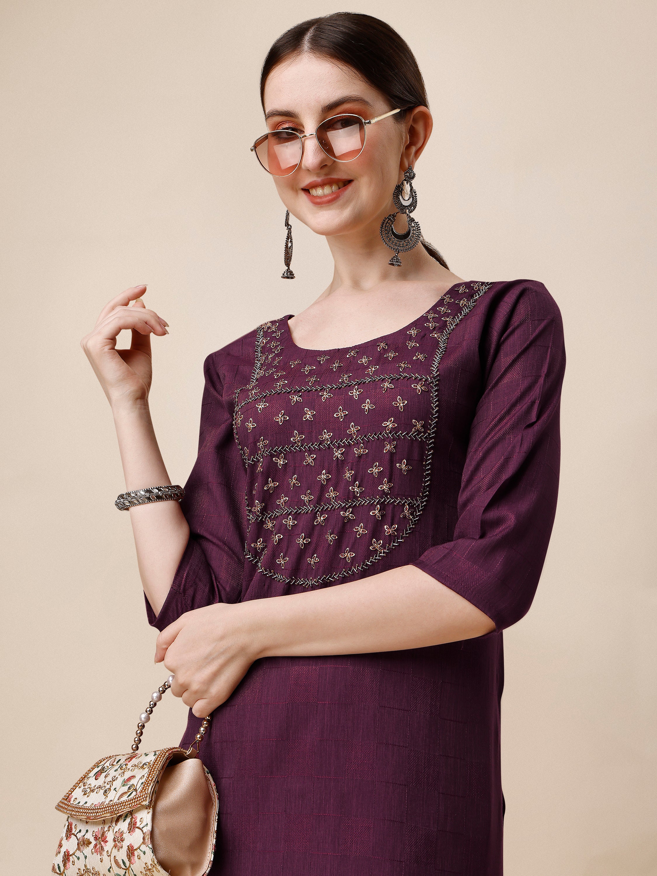 Wine Embroidered Kurta