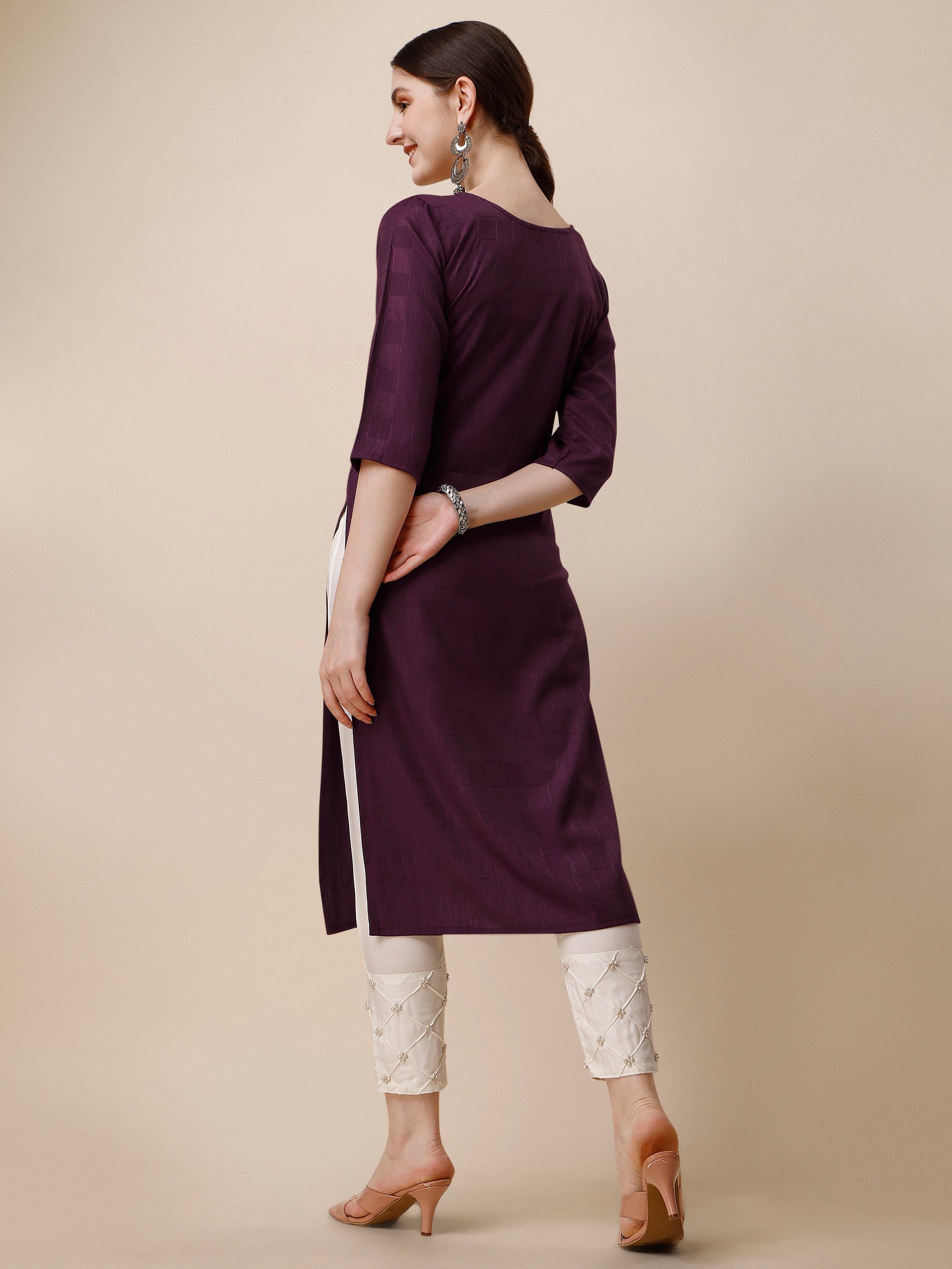 Wine Embroidered Kurta