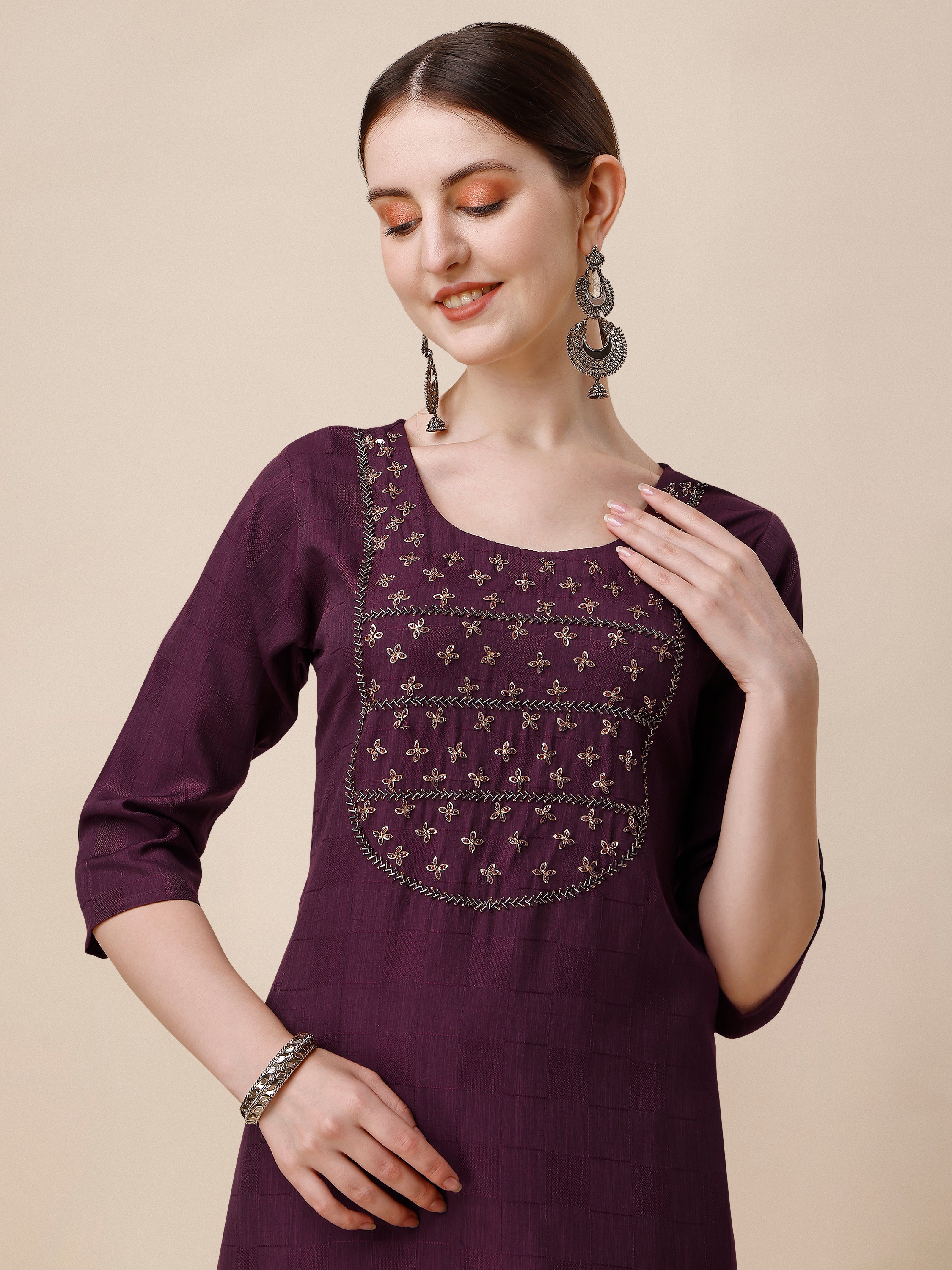 Wine Embroidered Kurta