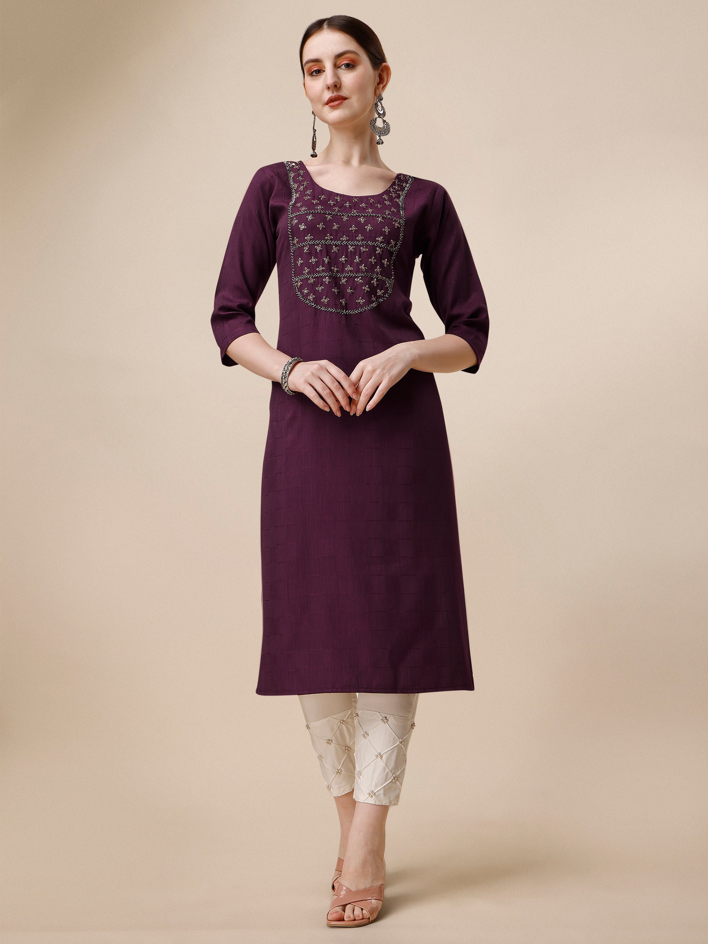 Wine Embroidered Kurta