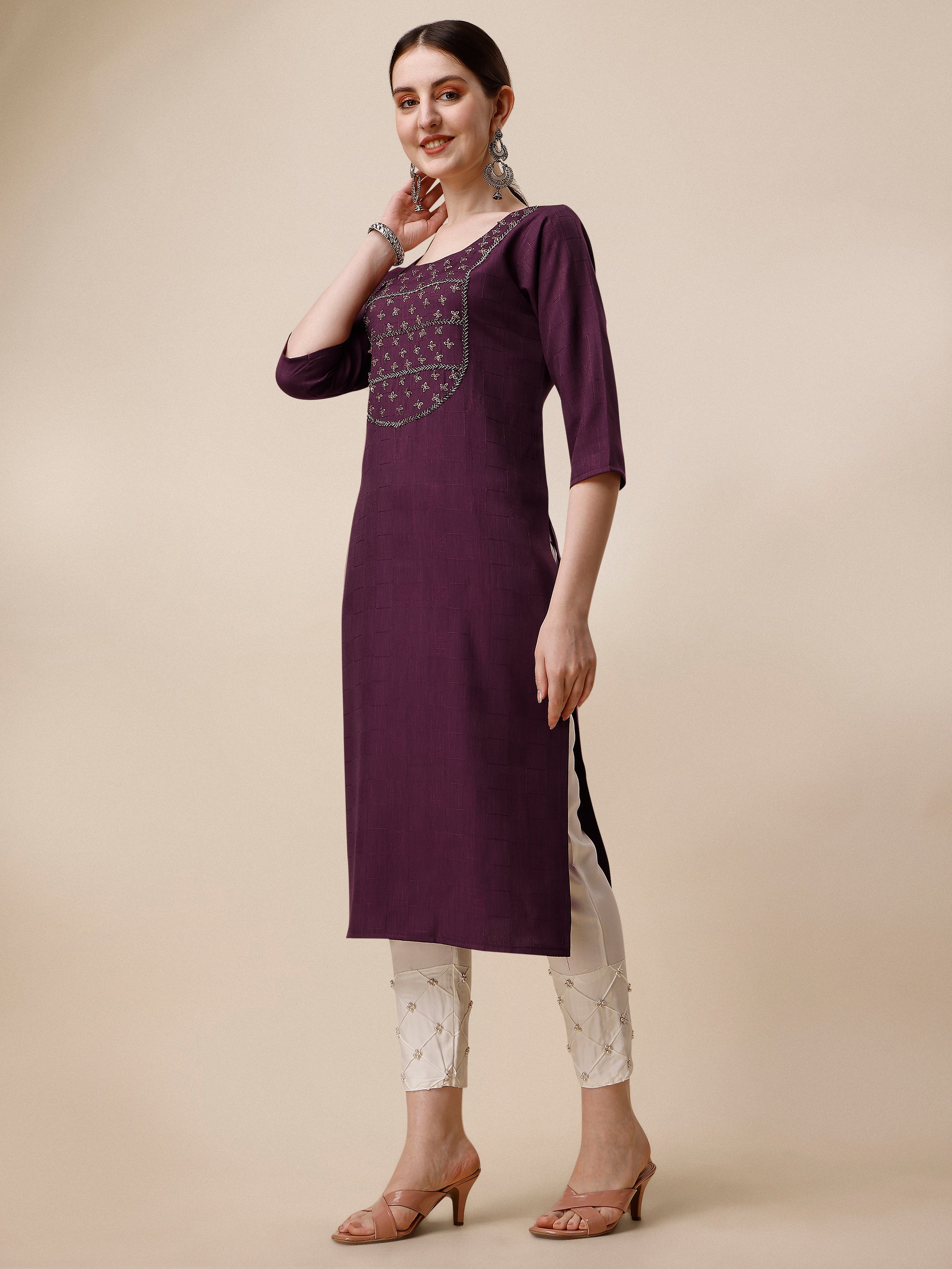 Wine Embroidered Kurta