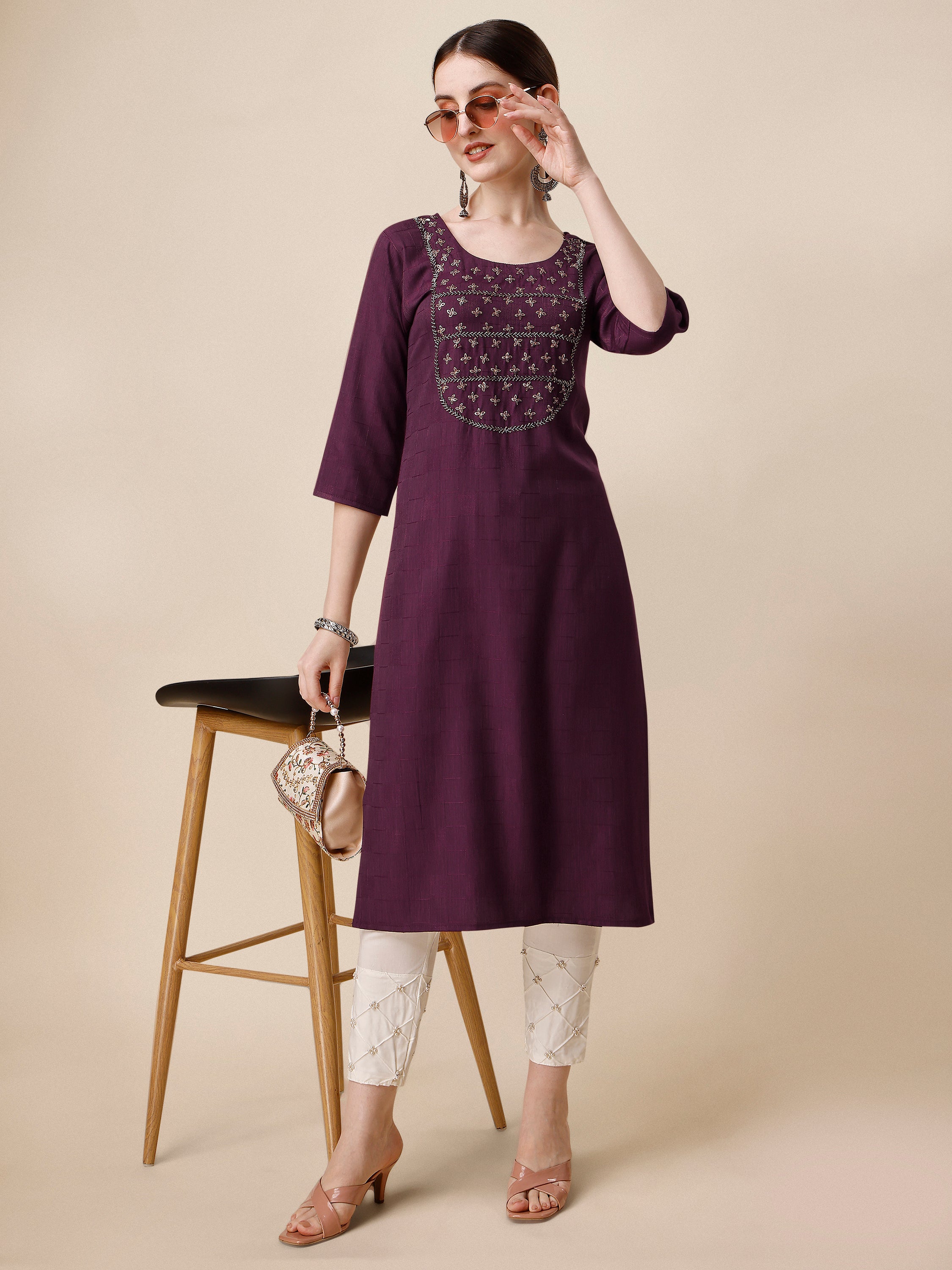 Wine Embroidered Kurta