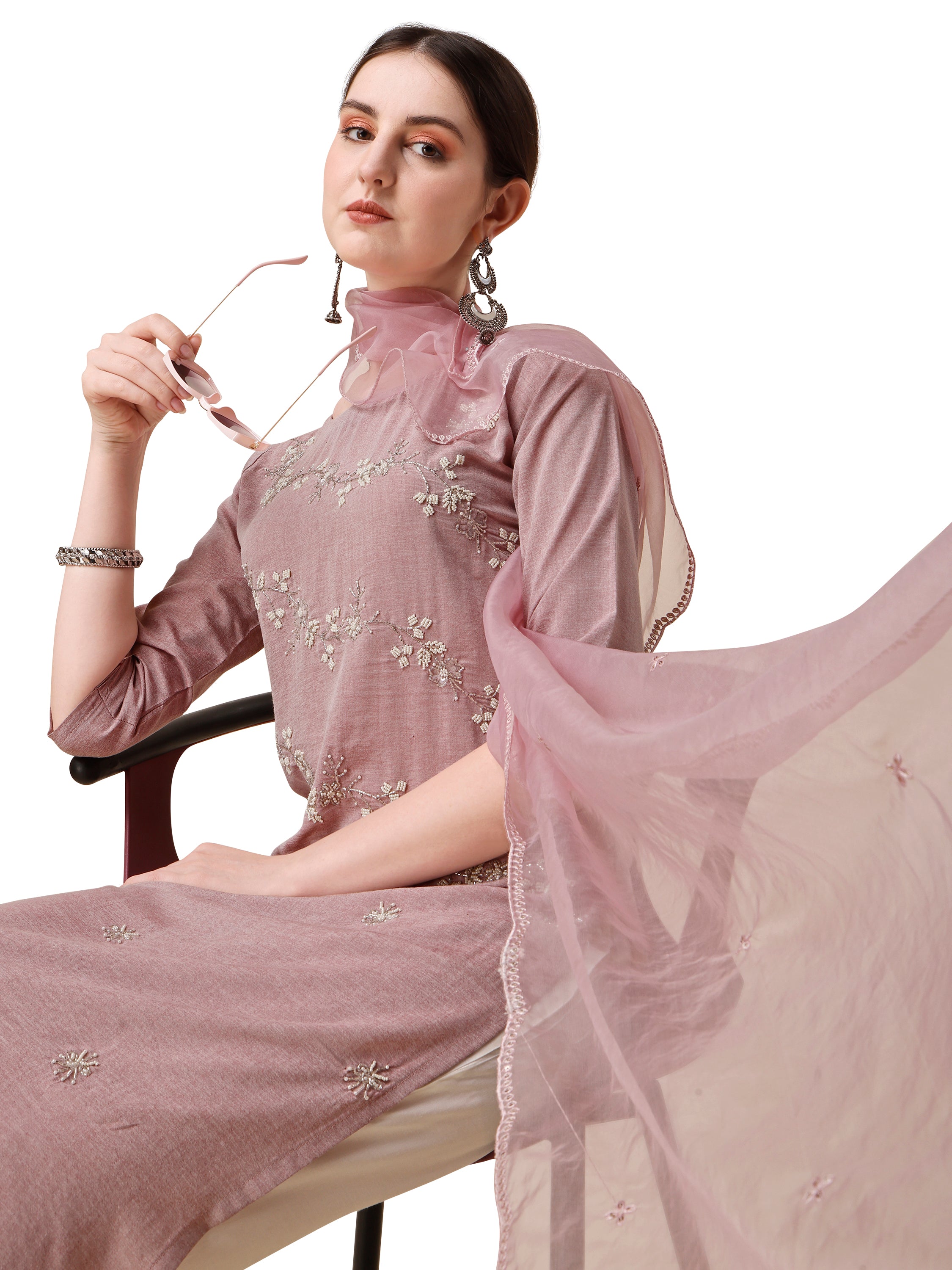 Embroidered Kurta With Moti Embellished Pant and Dupatta Set