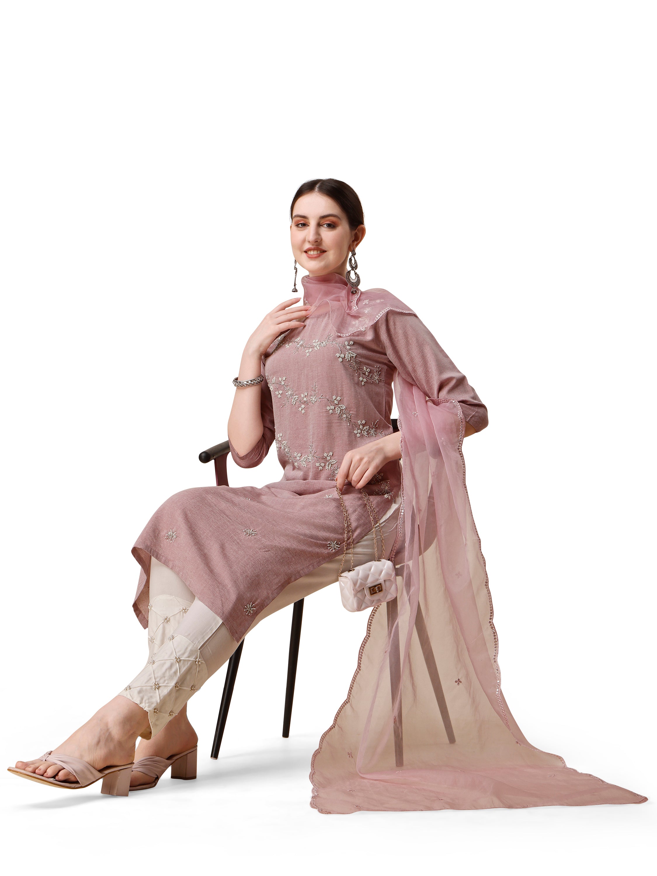 Embroidered Kurta With Moti Embellished Pant and Dupatta Set