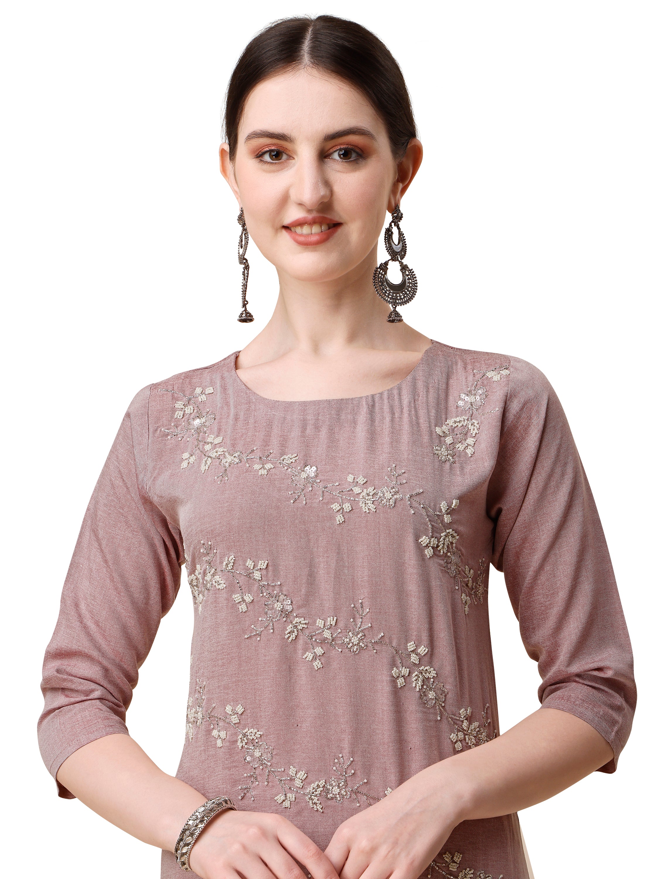 Embroidered Kurta With Moti Embellished Pant and Dupatta Set