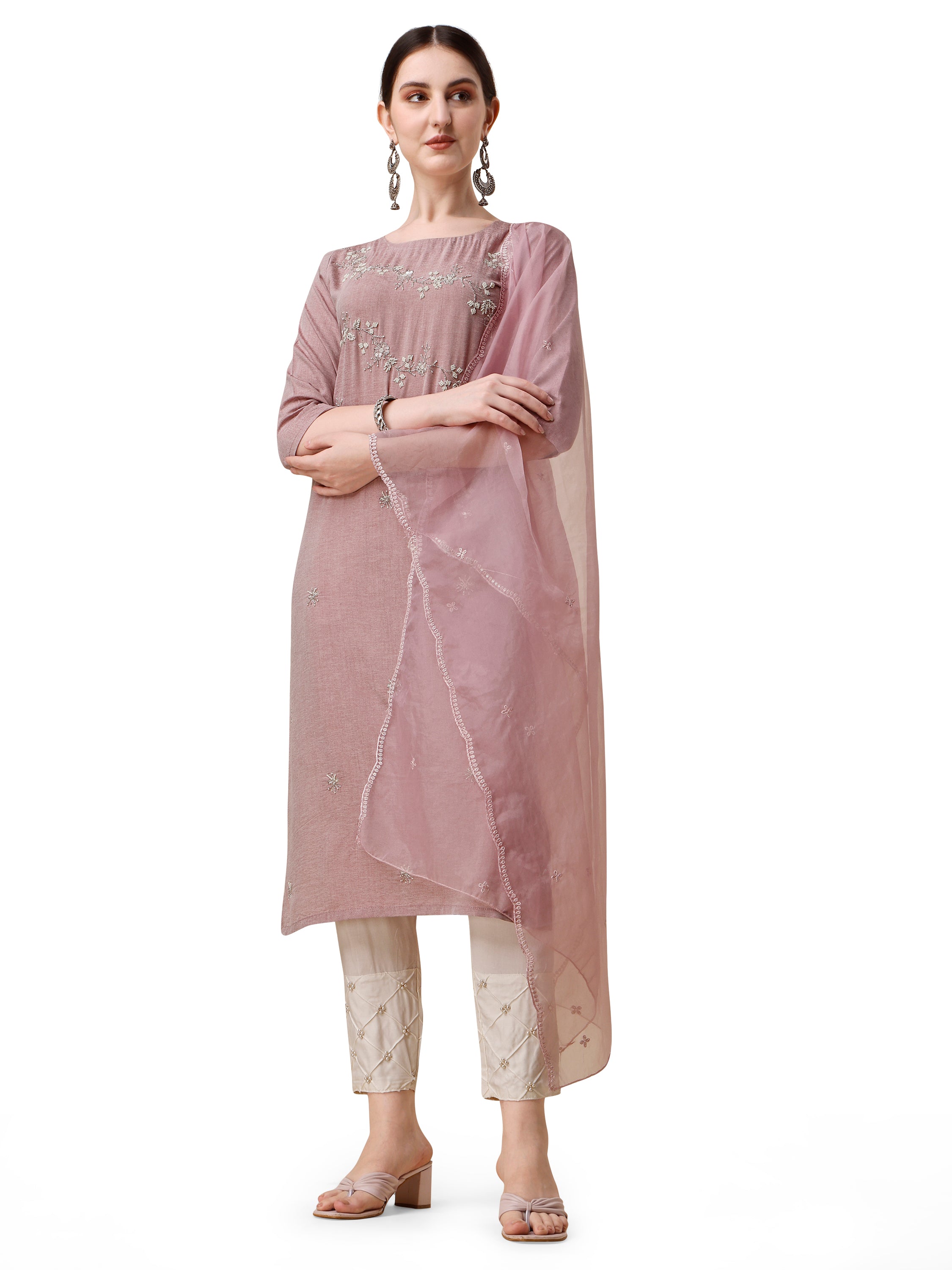 Embroidered Kurta With Moti Embellished Pant and Dupatta Set