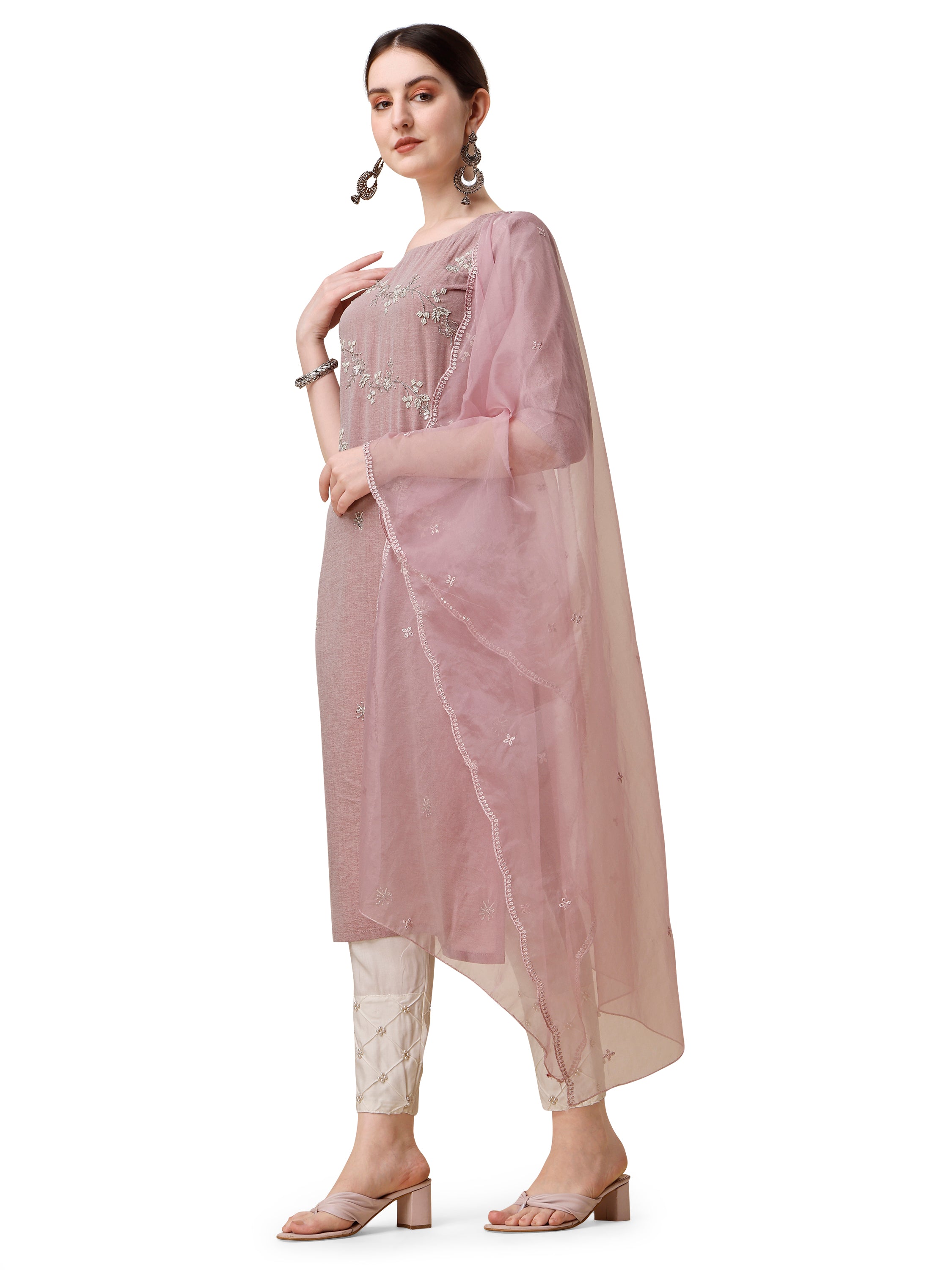 Embroidered Kurta With Moti Embellished Pant and Dupatta Set