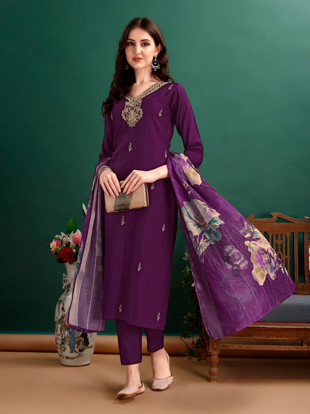 Hand Embroidered Kurta with pant & Organza Printed Dupatta Premium