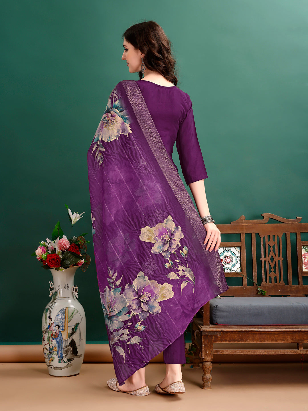 Hand Embroidered Kurta with pant & Organza Printed Dupatta Premium