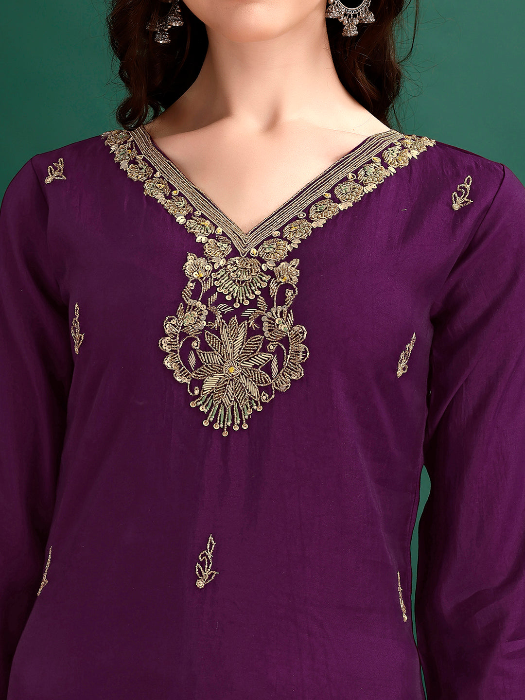 Hand Embroidered Kurta with pant & Organza Printed Dupatta Premium