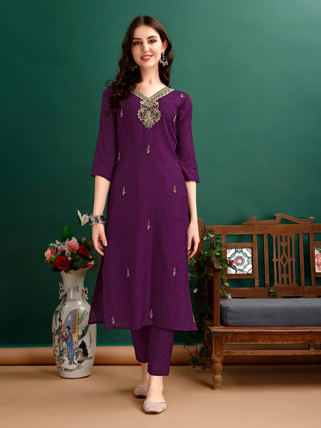 Hand Embroidered Kurta with pant & Organza Printed Dupatta Premium