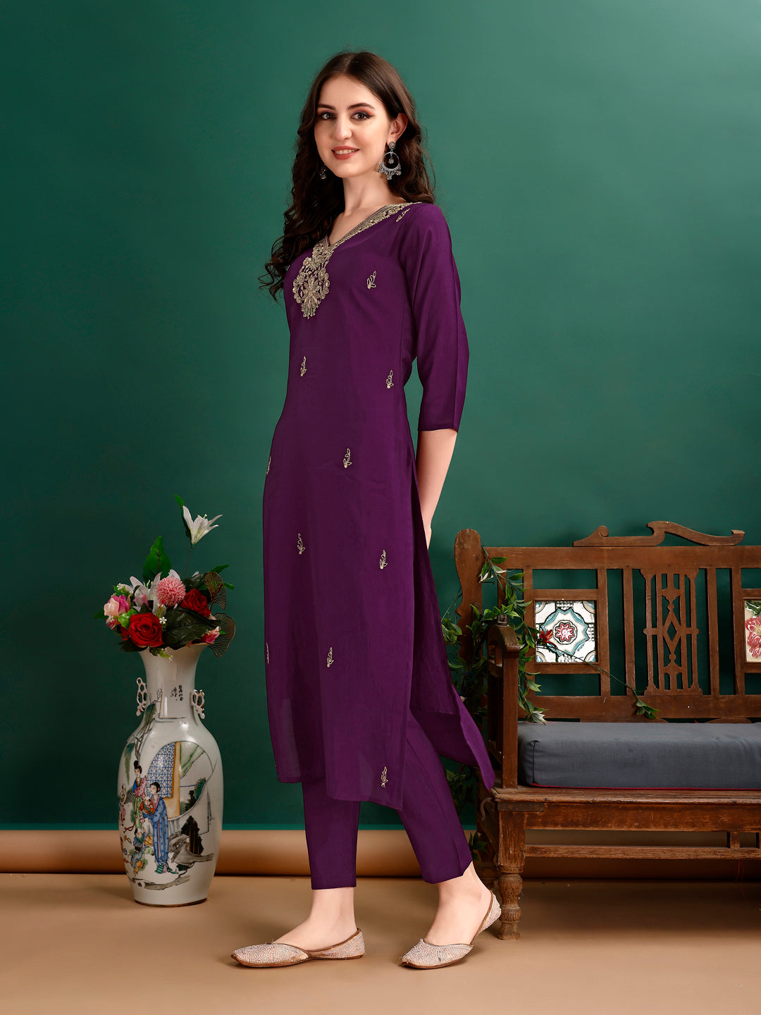 Hand Embroidered Kurta with pant & Organza Printed Dupatta Premium