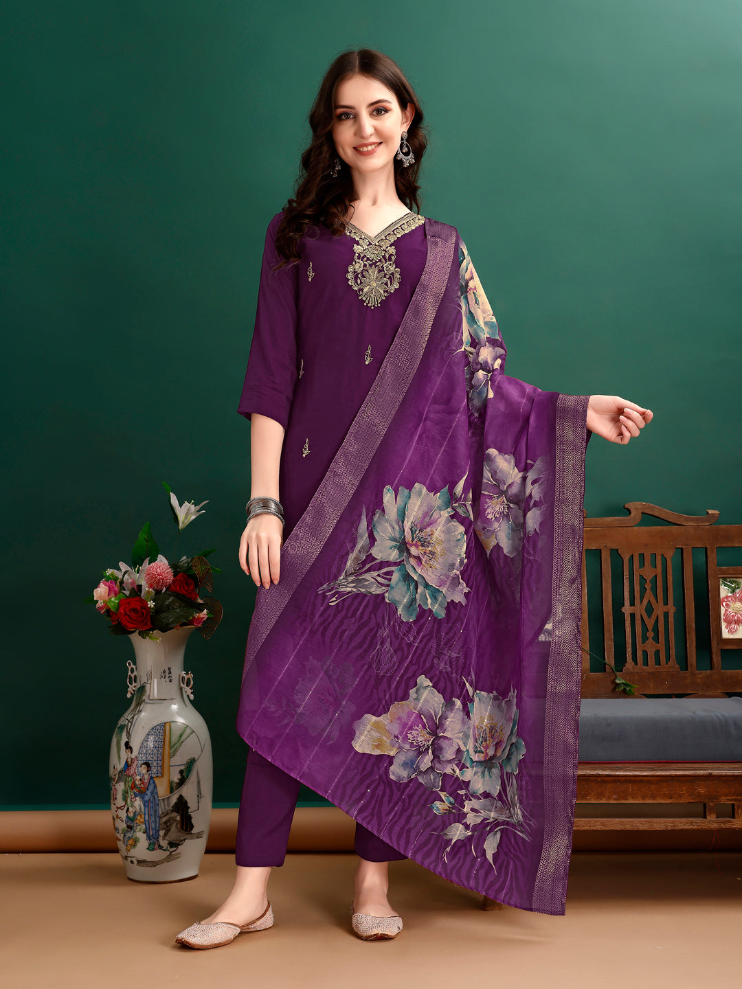 Hand Embroidered Kurta with pant & Organza Printed Dupatta Premium