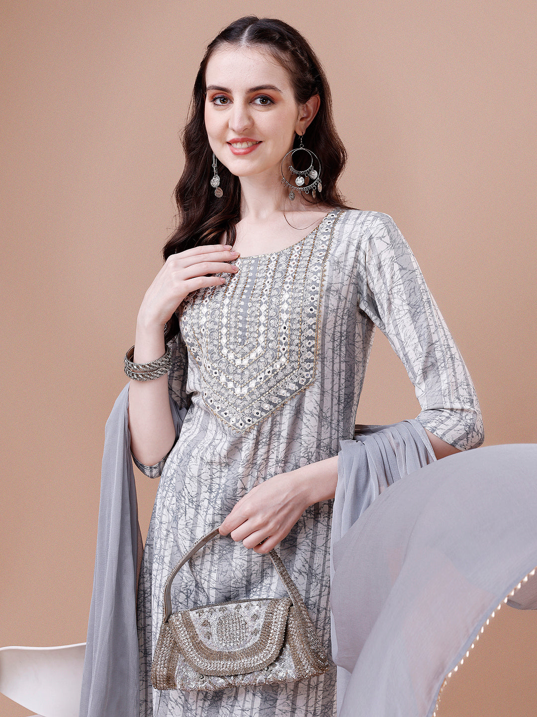 Mirror embroidered & Striped Printed Cotton kurta with pant & dupatta set